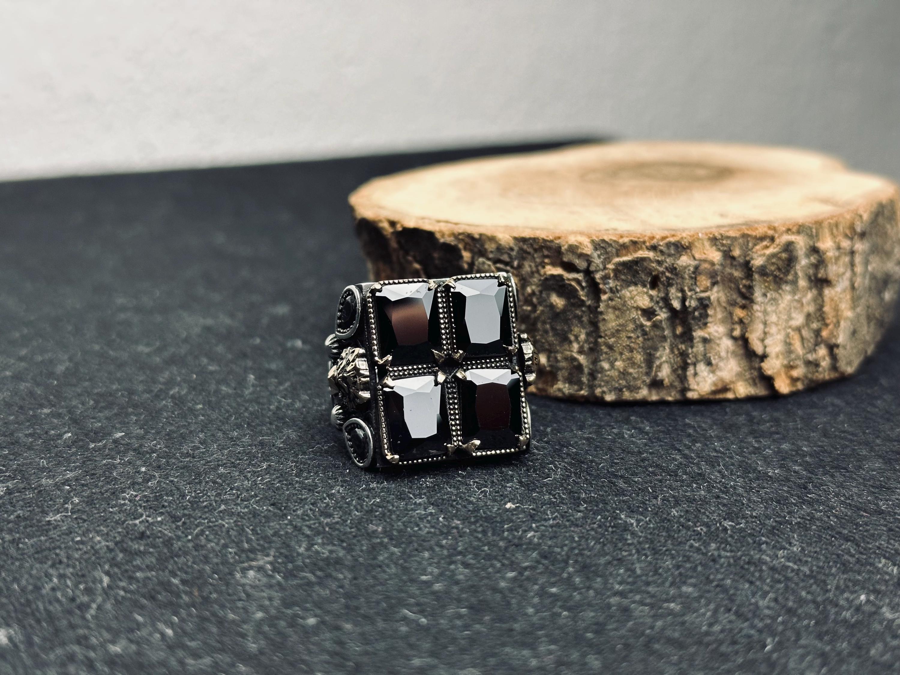 Men’s Square Zircon Ring: Bold Black Sterling Silver (Handmade)