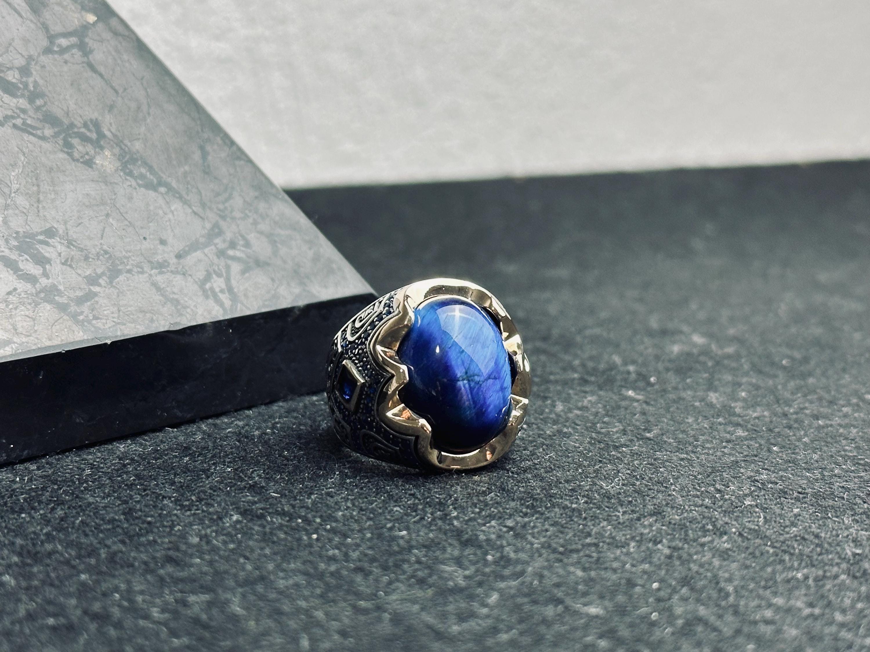 Men's Sapphire Ring: Oxidized Silver - Handmade Statement Jewelry
