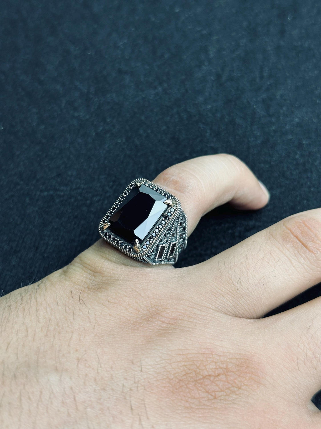 Black Zircon Men's Ring - Sterling Silver Ottoman Style