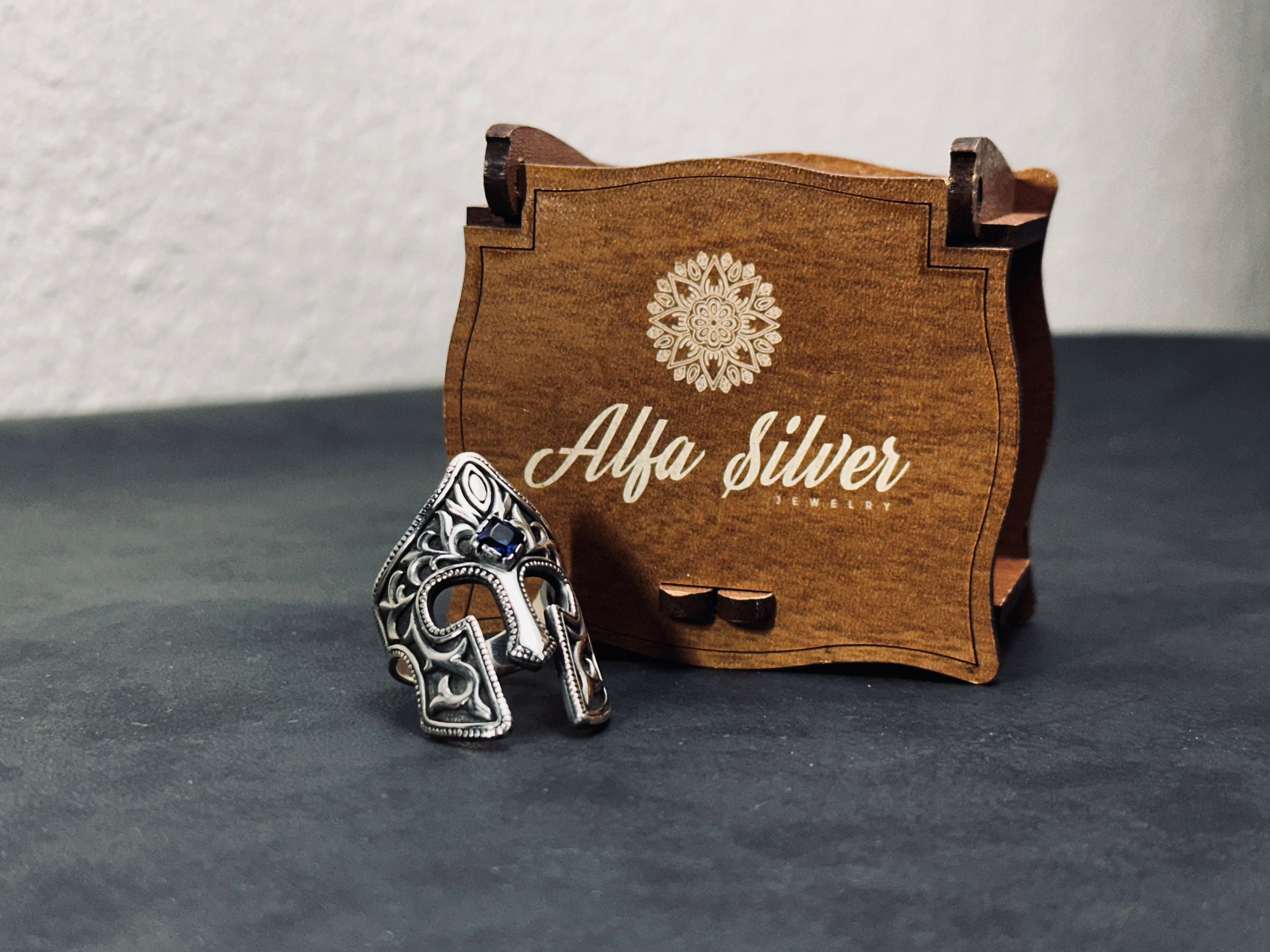 Spartan Helm Ring, Sterling Silver with Blue Zircon (Men's Size)