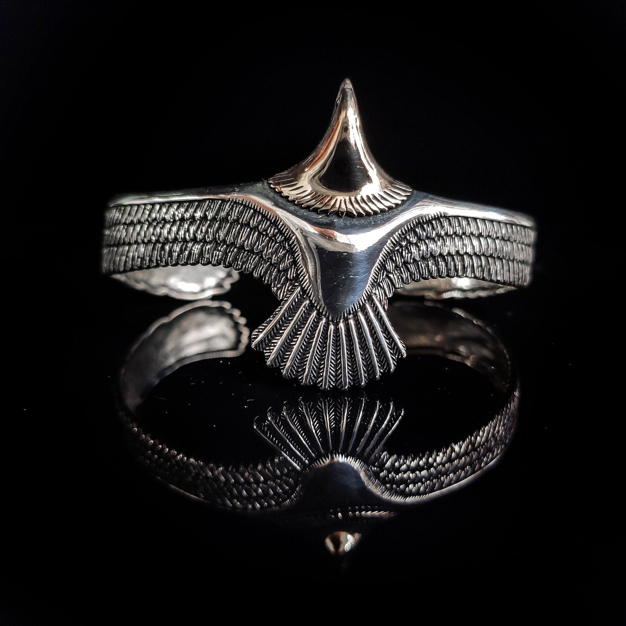 Handmade Sterling Silver Eagle Bracelet (Engraved Cuff, Sapphire)