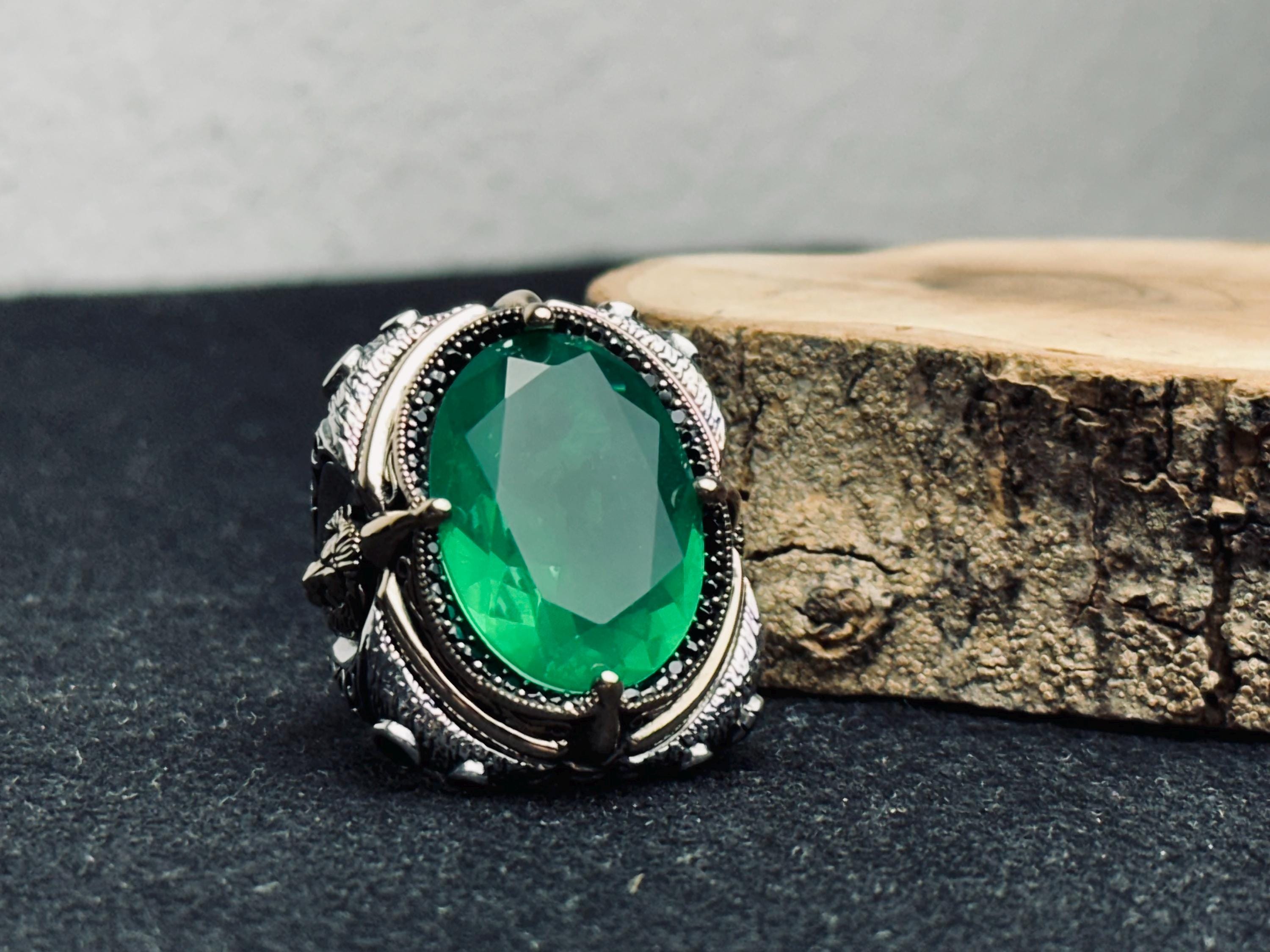 Green Tourmaline Men's Silver Ring - Large Lion Head Design