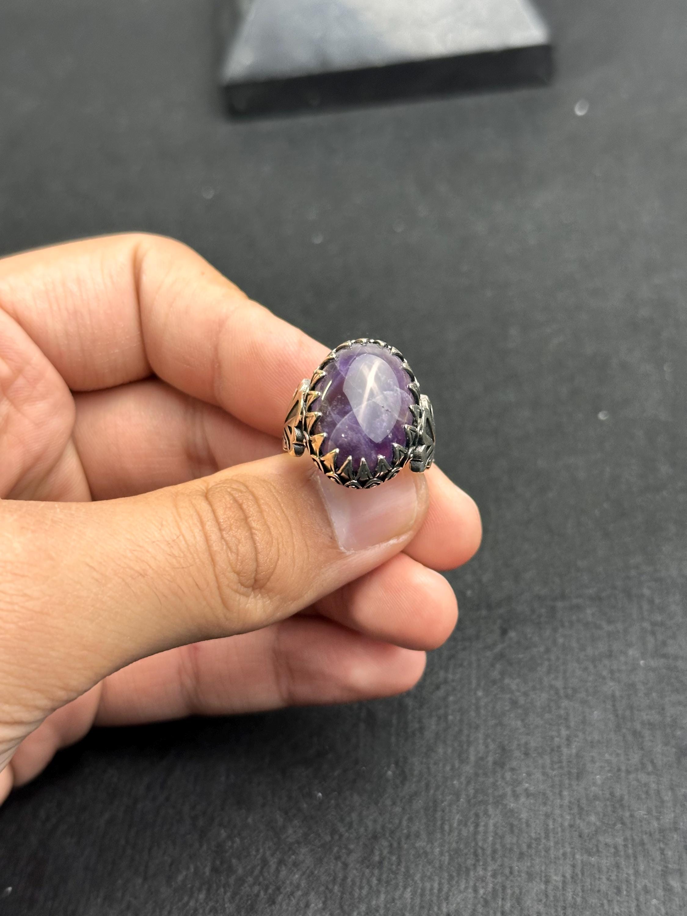 Hammered Amethyst Ring: Sterling Silver, Handmade for Men