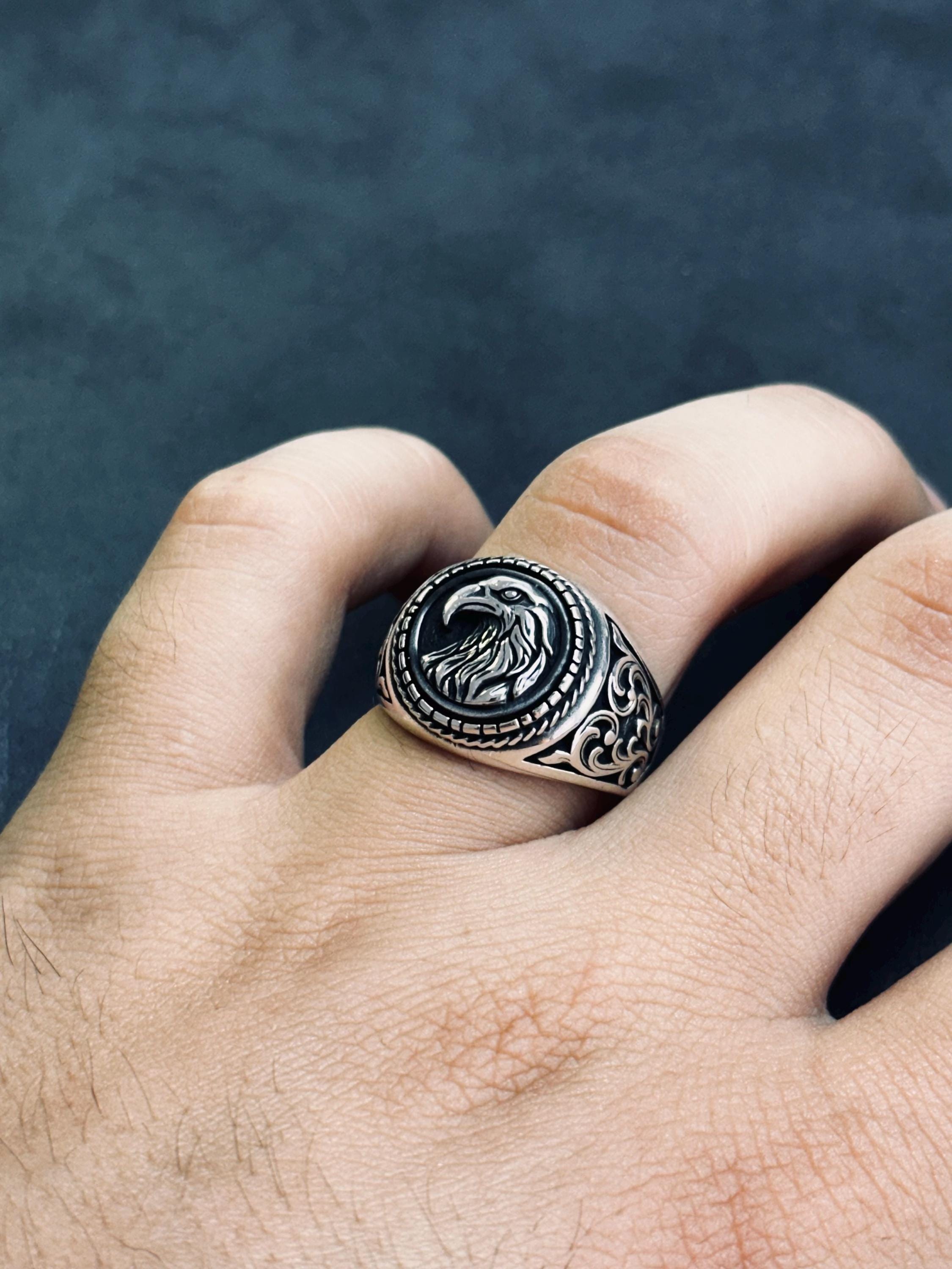 Artisan Sterling Silver Eagle Ring, Round Band (Mens and Womens)