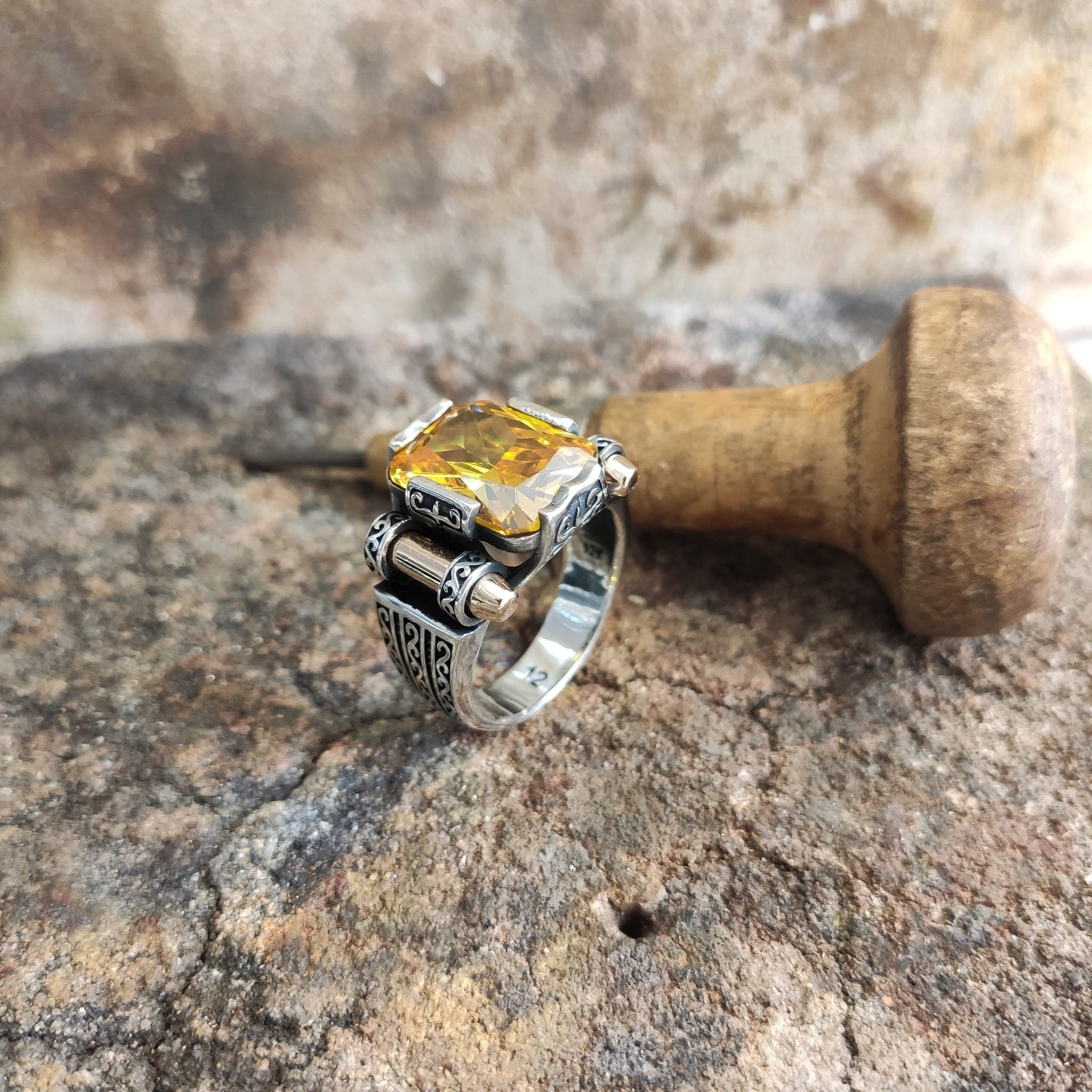 Citrine Zircon Sterling Silver Ring: Handmade Turkish Men's Jewelry