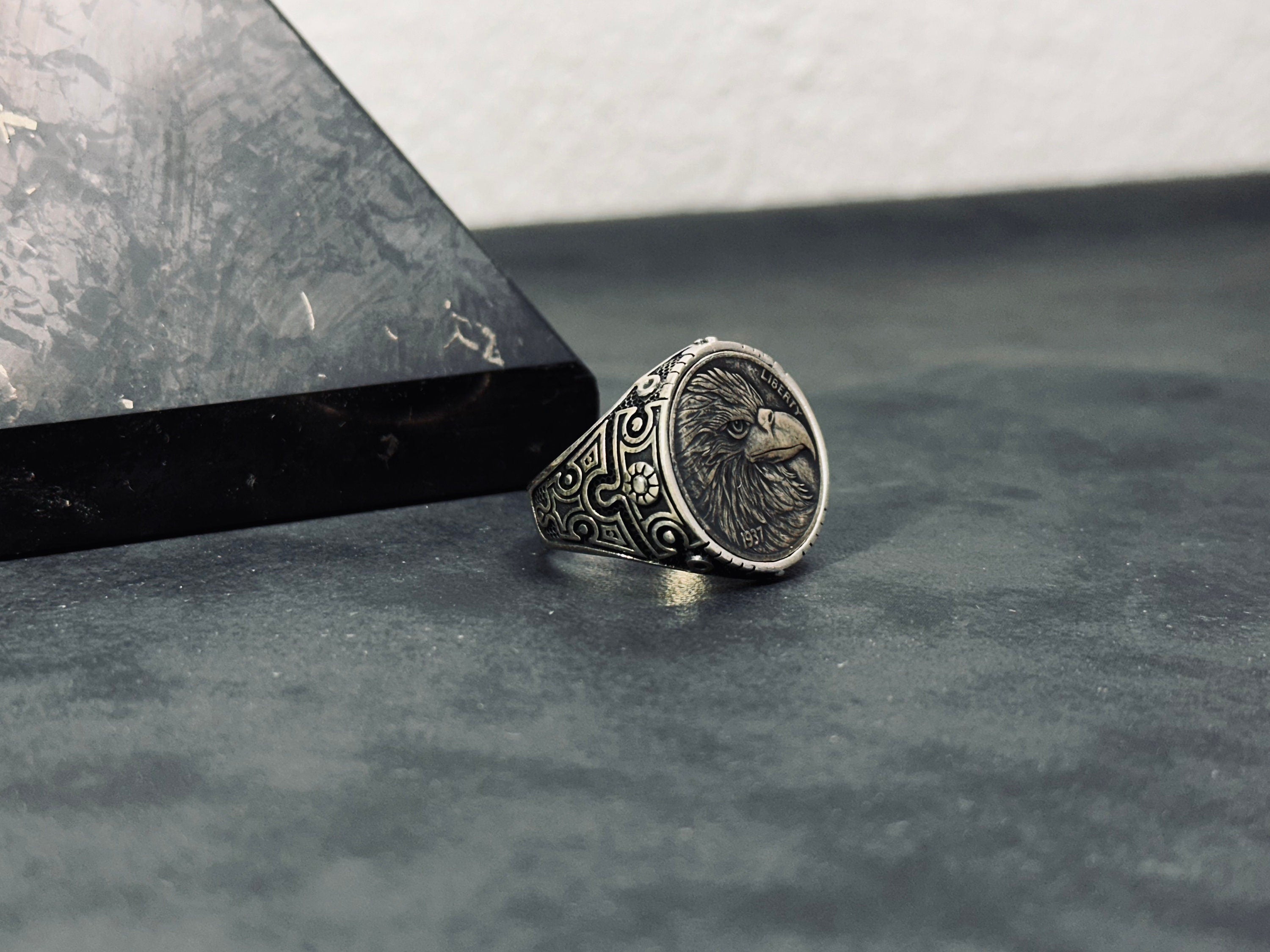 Engraved Eagle Ring: Tribal Sterling Silver (Handmade for Men)
