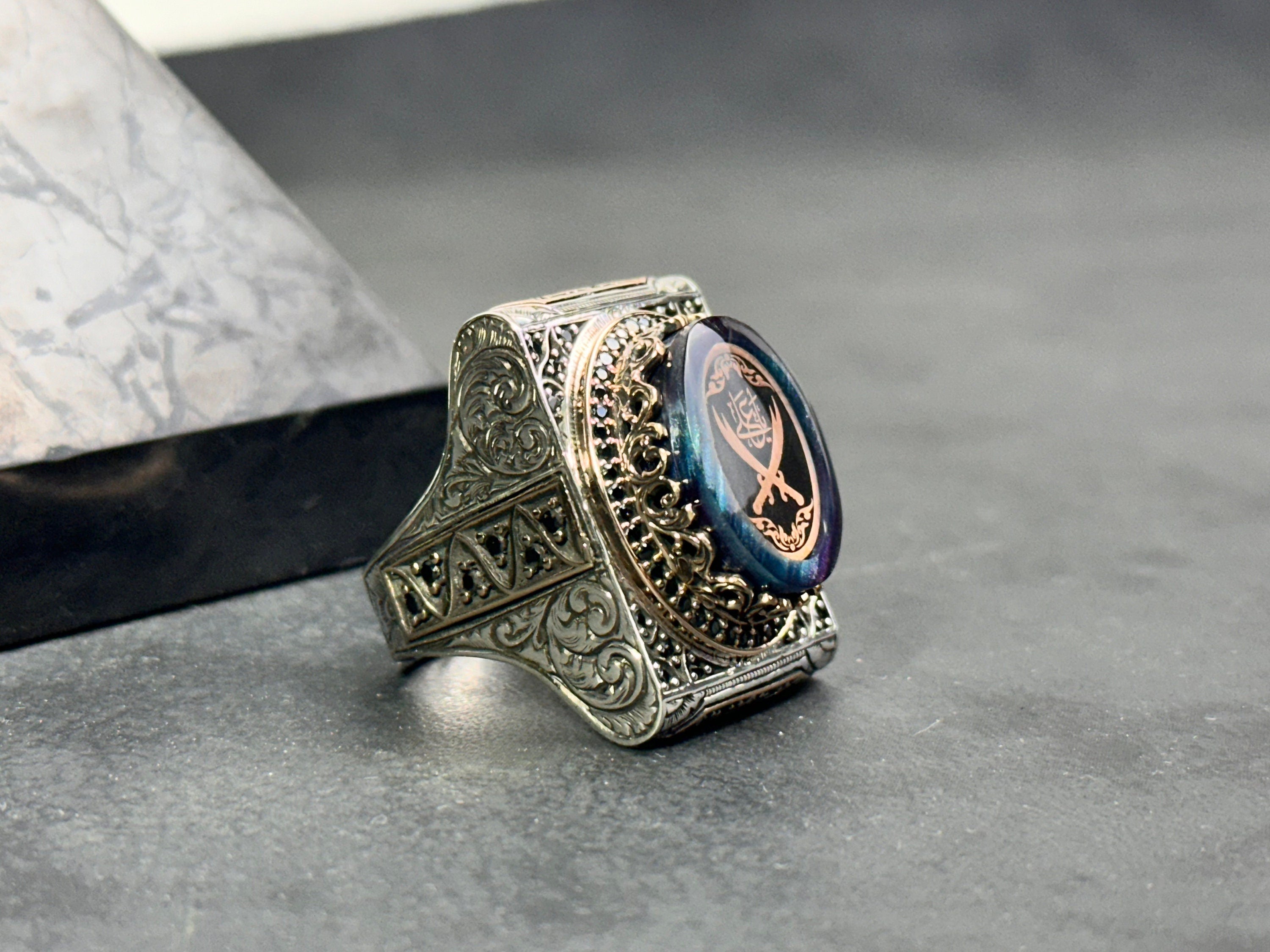 Zulfiqar Sword Amber Ring, Sterling Silver (Oversized Men's Signet)