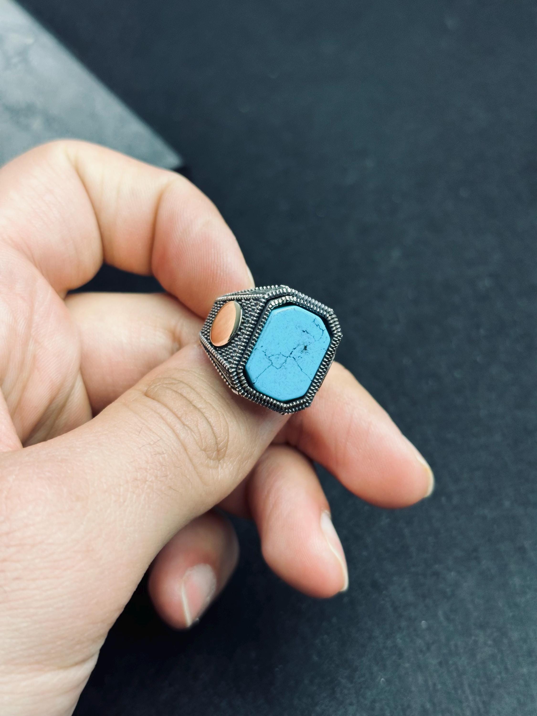 Turquoise Statement Ring - Sterling Silver, Engraved Design