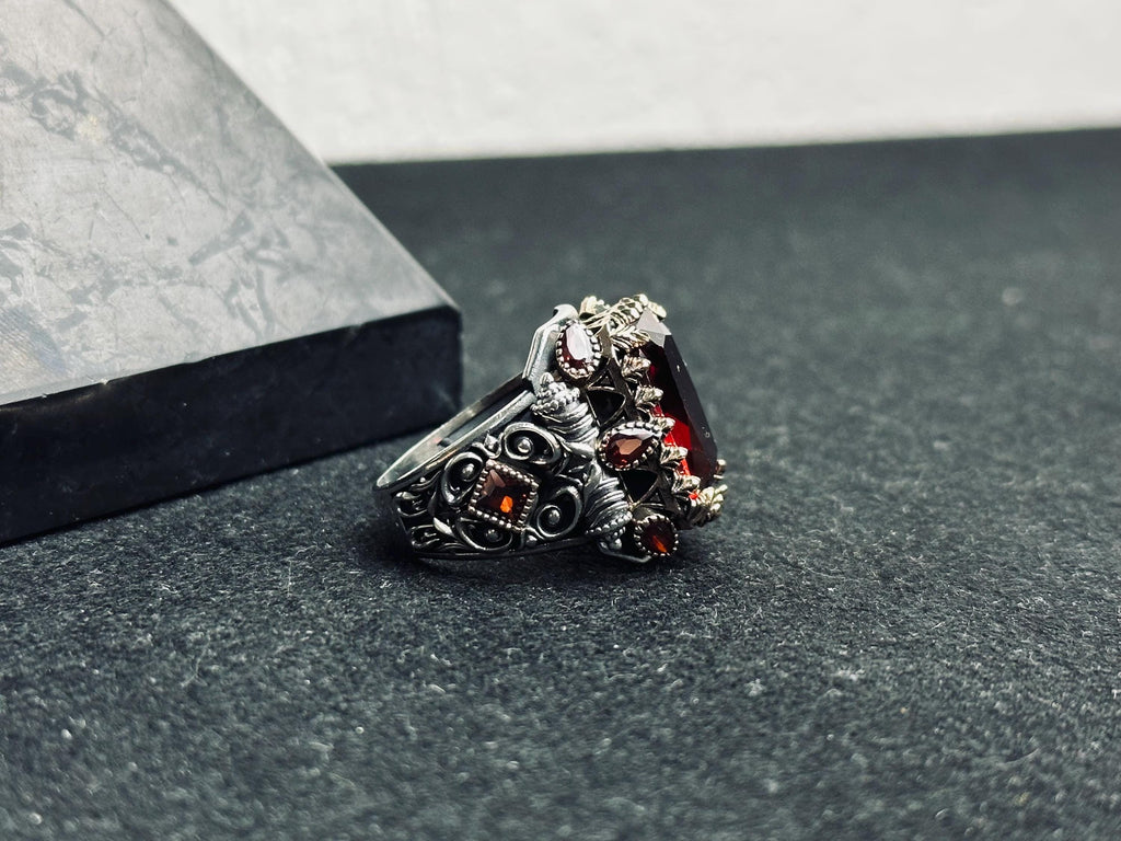 Men's Ruby Signet Ring: Turkish Handmade Sterling Silver