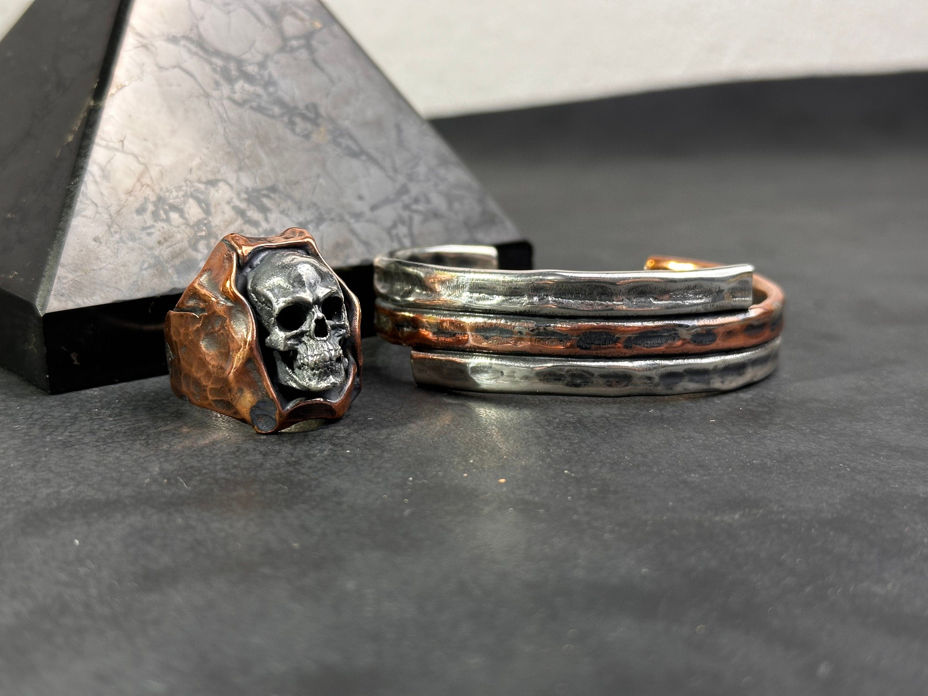 Skull Punk Silver Ring and Bracelet Set (Handmade, Chunky Style)
