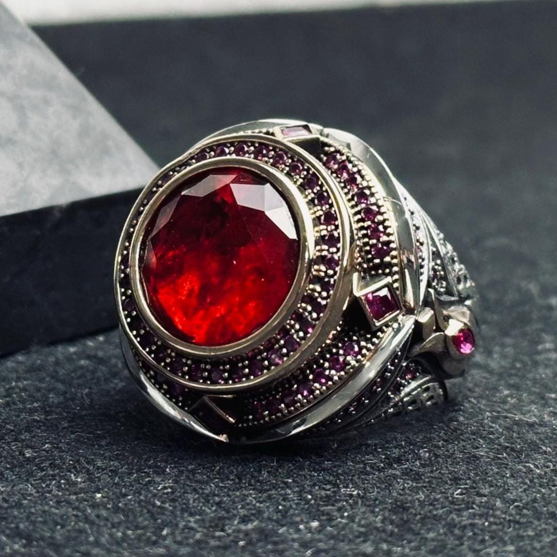 Ottoman Ruby Ring, Sterling Silver for Men (Handcrafted)