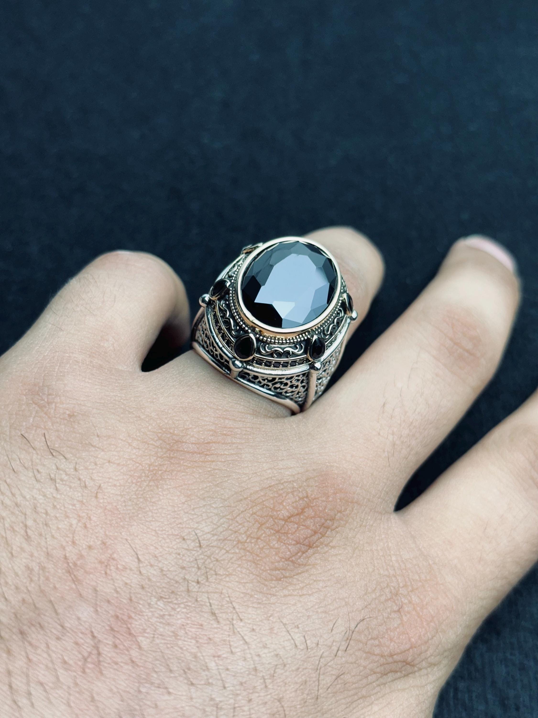 Turkish Sterling Silver Ring, Black CZ Stone, Bold Design (Men’s Size)