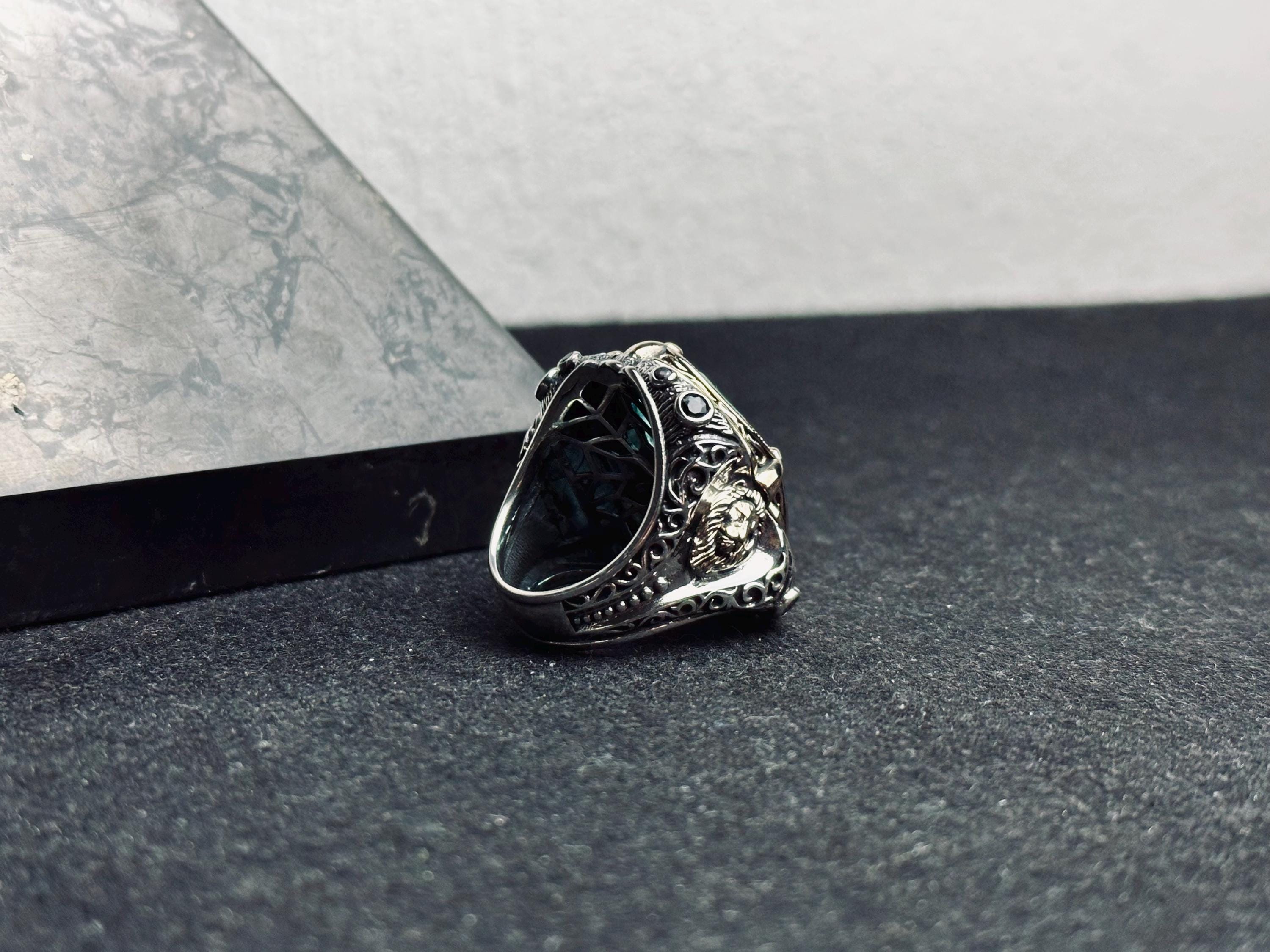 Blue Paraiba Lion Head Ring - Sterling Silver Handmade Men's Statement