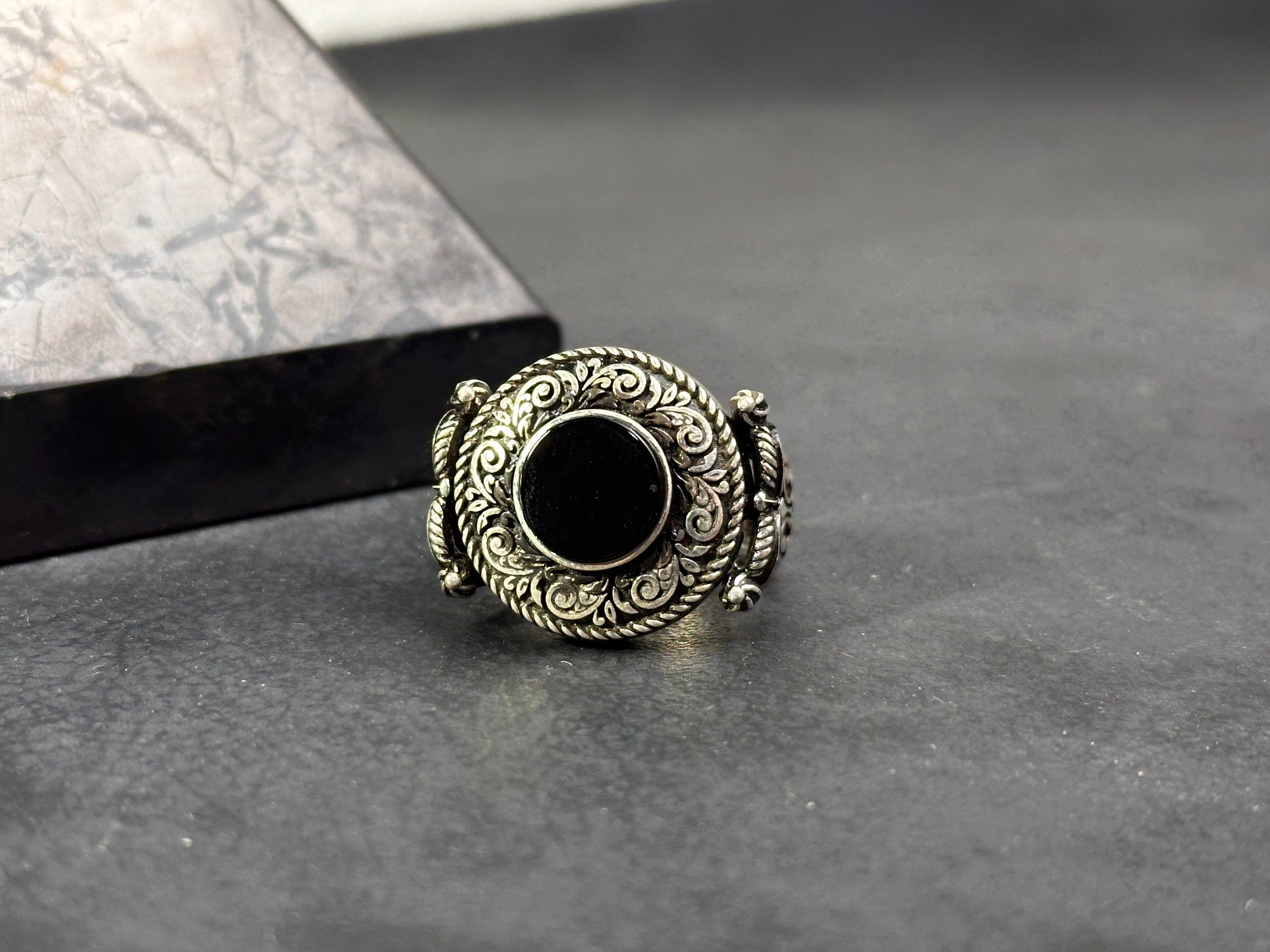 Engraved Greek Onyx Ring: Sterling Silver Flat Black Stone