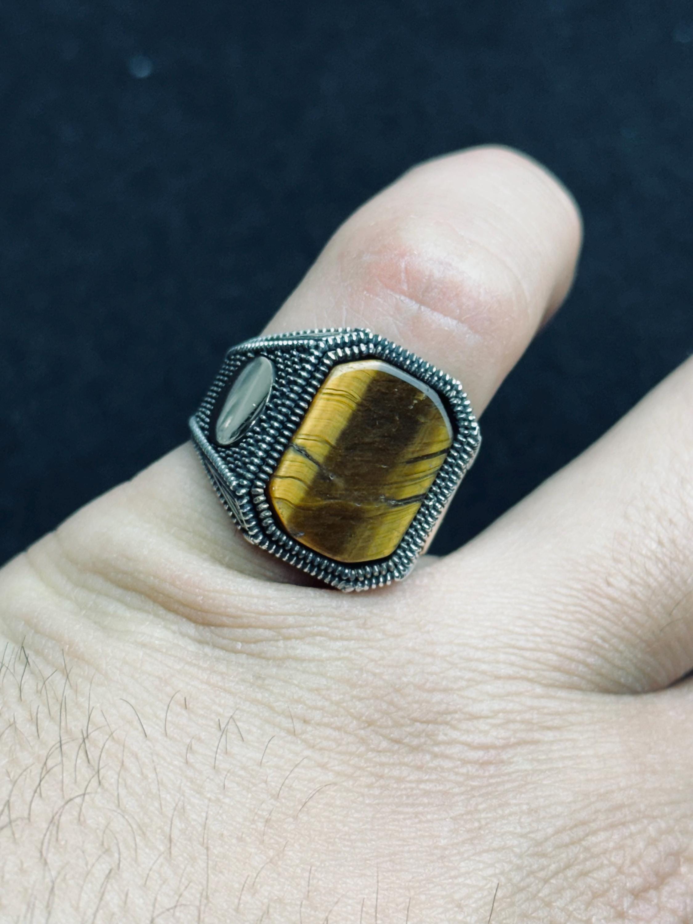 Men's Tiger's Eye Ring, Sterling Silver Square (Handmade Vintage Style)