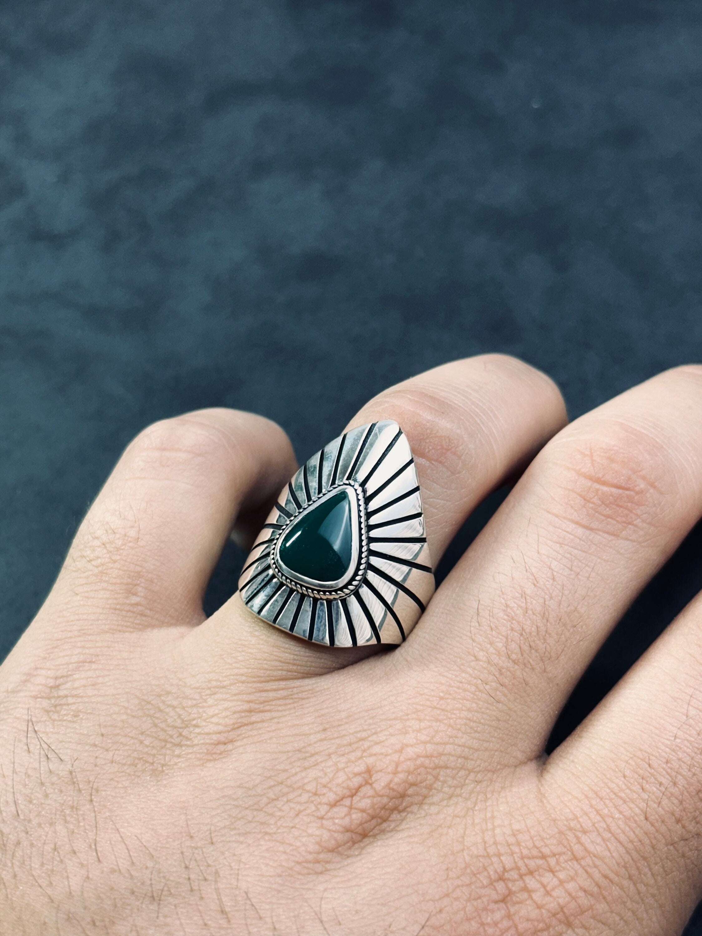 Men's Sterling Silver Ring, Green Agate Stone (Bold Signet Style)