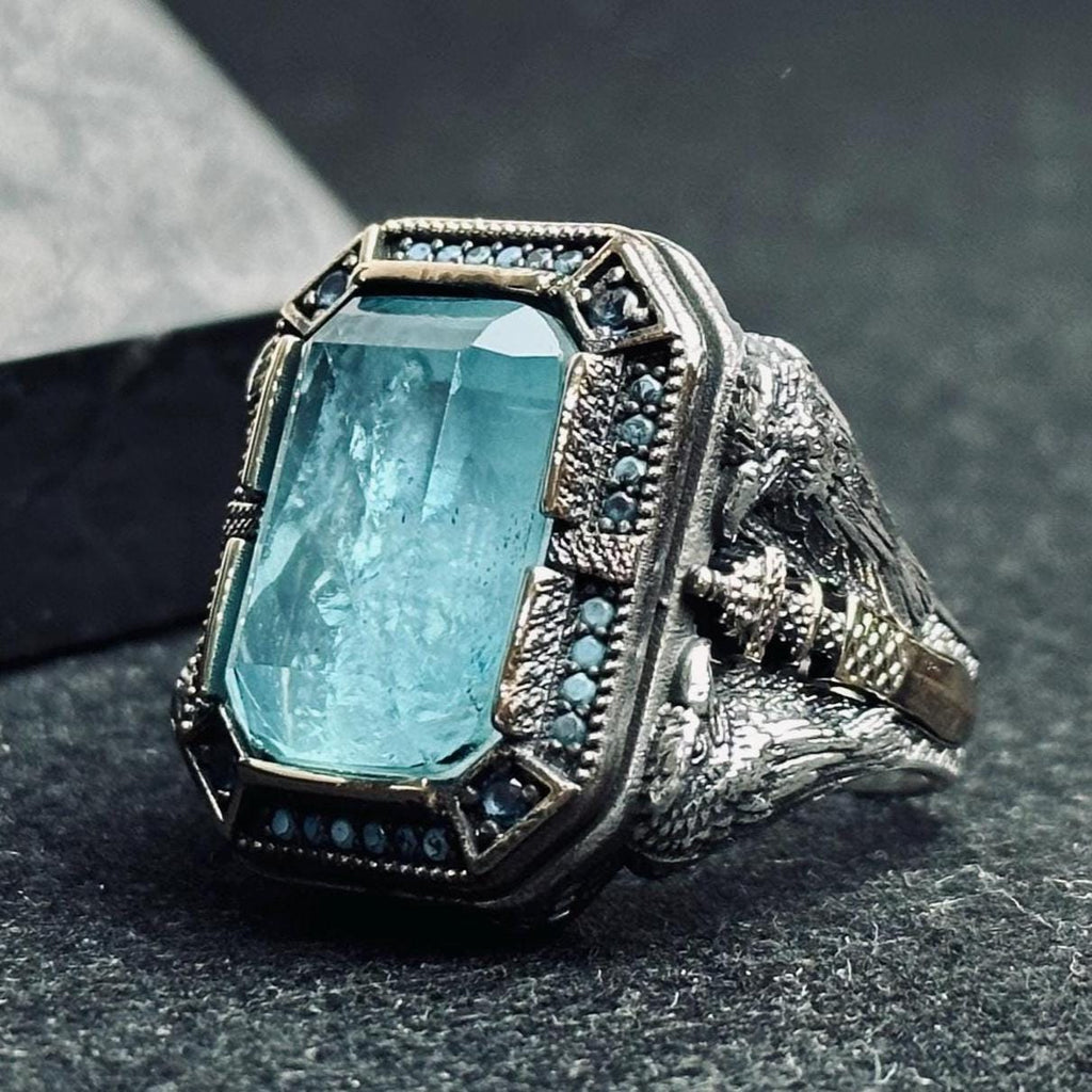Aquamarine Men's Ring: Twin Eagle Heads, Sterling Silver