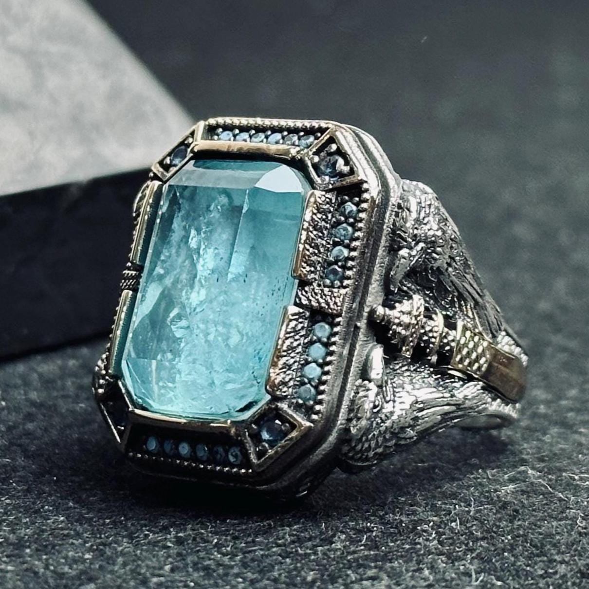 Aquamarine Men's Ring: Twin Eagle Heads, Sterling Silver