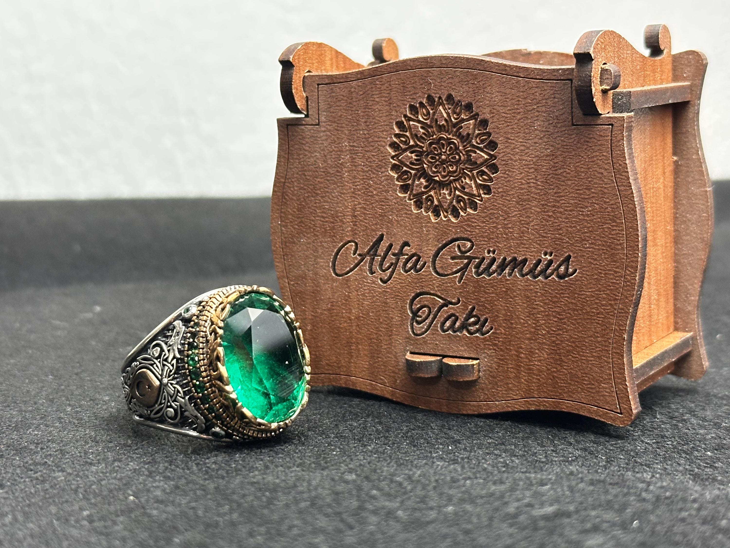 Oxidized Sterling Silver Ring - Green Cubic Zirconia Stone for Men