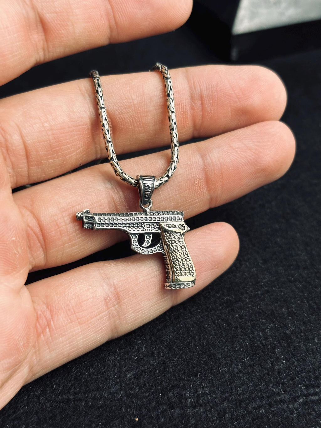 Gun Necklace: Men's Silver Pendant Jewelry (Chain Length Options)