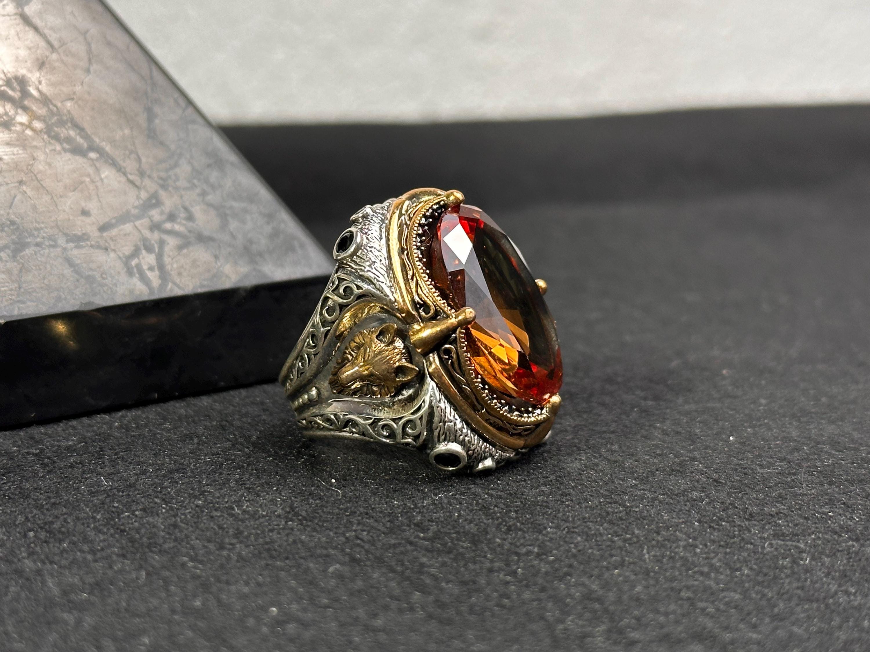 Large Sultanit Ring - Sterling Silver with Wolf Design