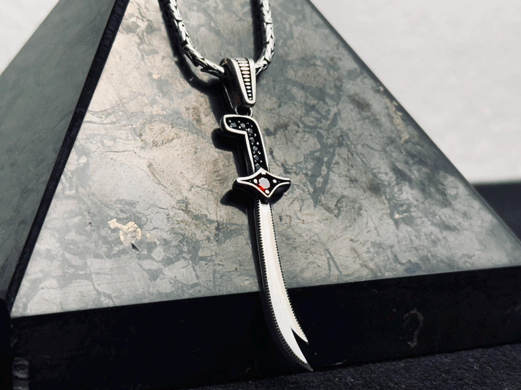 Silver Zulfiqar Sword Necklace: Islamic Design (Handmade, Zircon Accent)