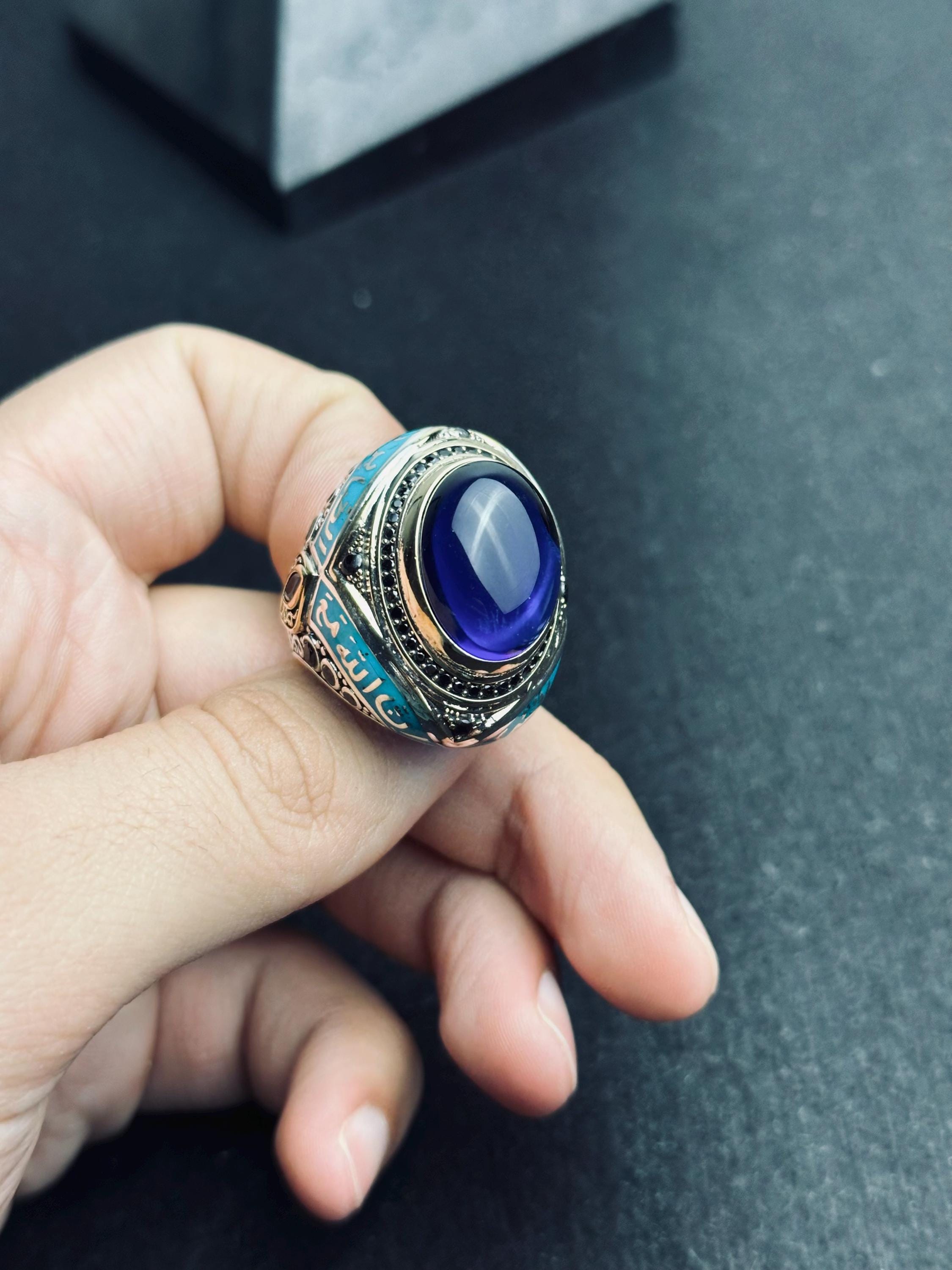 Islamic Silver Ring: Blue Zircon Oval Stone (Handmade Turkish Jewelry)