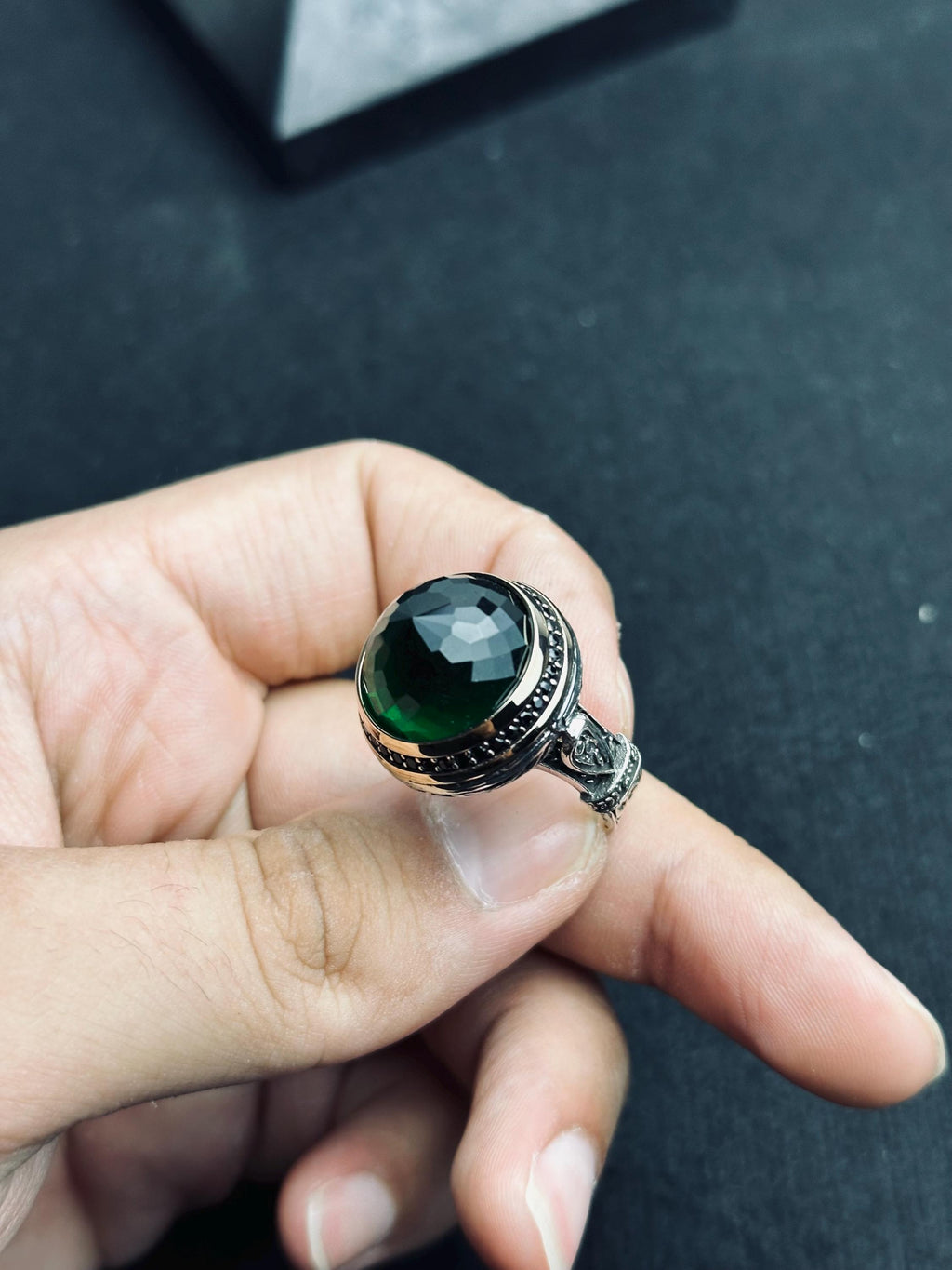 Emerald Ring: Men’s Sterling Silver Ottoman Style (Handmade)