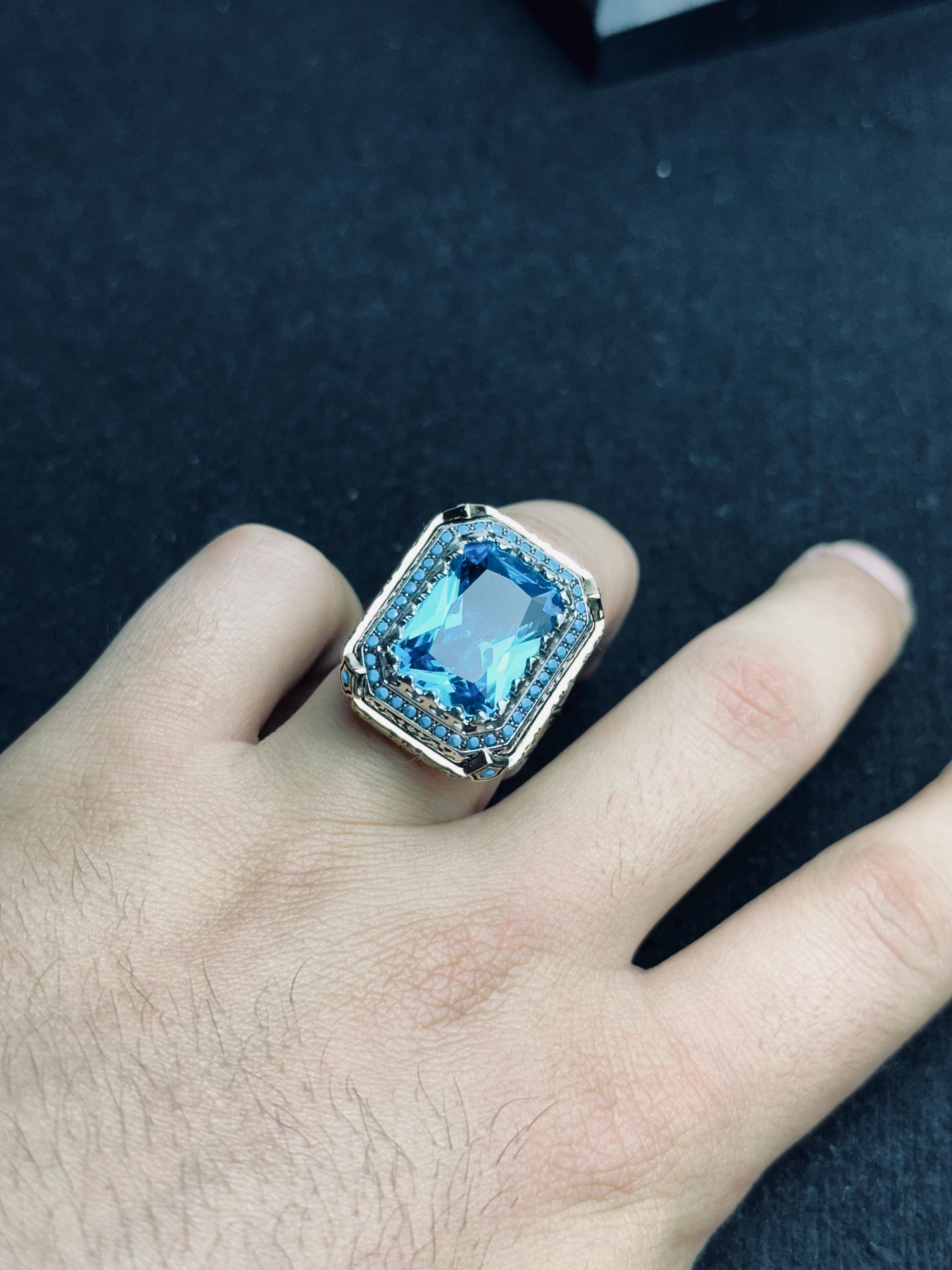 Aquamarine Men's Ring - Handmade Sterling Silver Lion Design