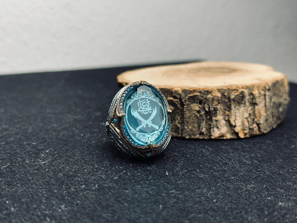 Zulfiqar Sword Ring: Islamic Sterling Silver Jewelry (Blue Zircon)