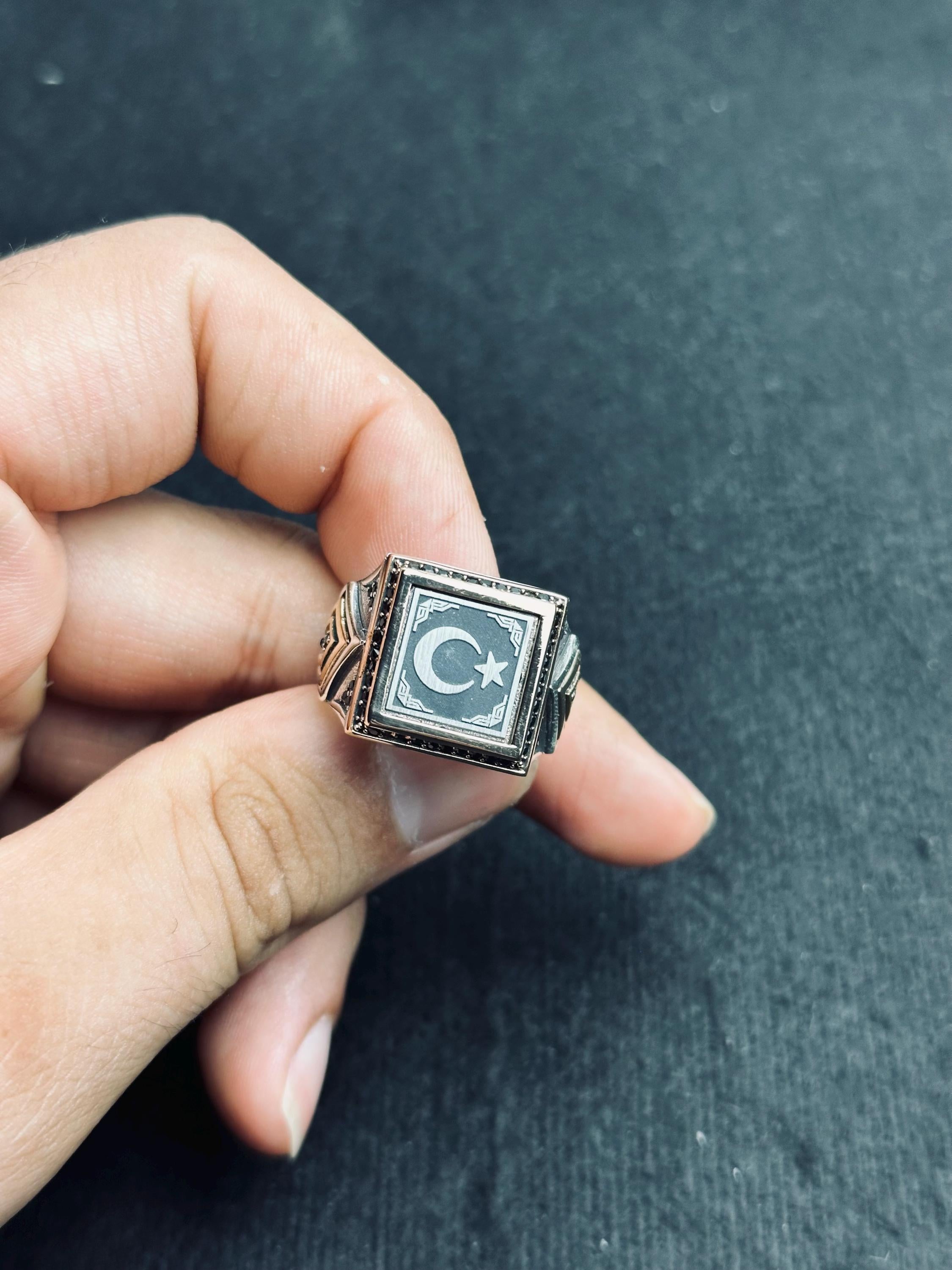 Square Signet Ring: Moon and Star Design (Sterling Silver Handmade)