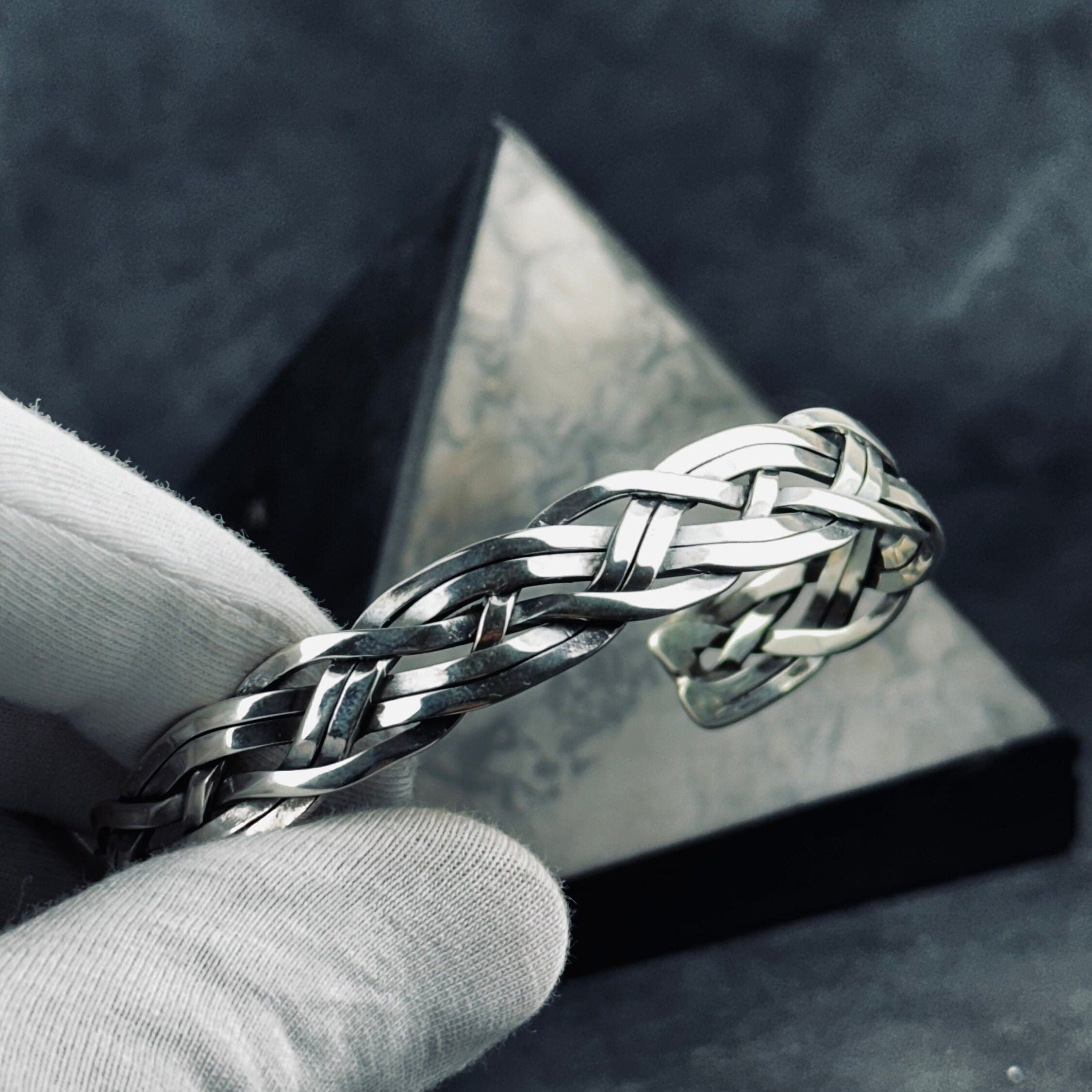 Knitted Silver Cuff Bracelet: Handmade Adjustable Braid (Sterling 925)