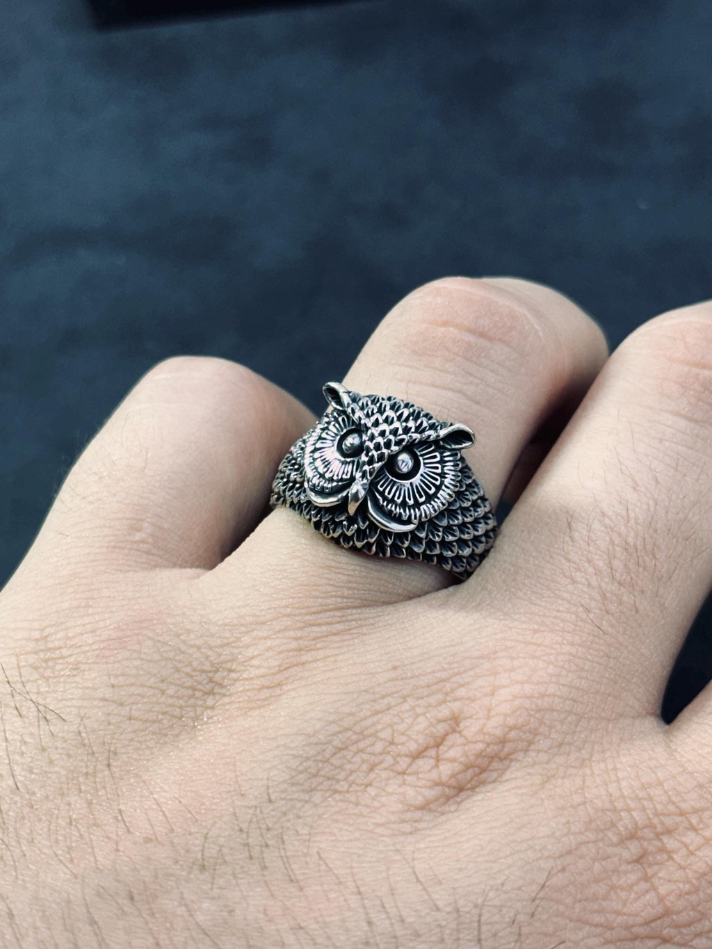 Sterling Silver Owl Ring, Oxidized Finish (Men's Handmade Size 8-12)