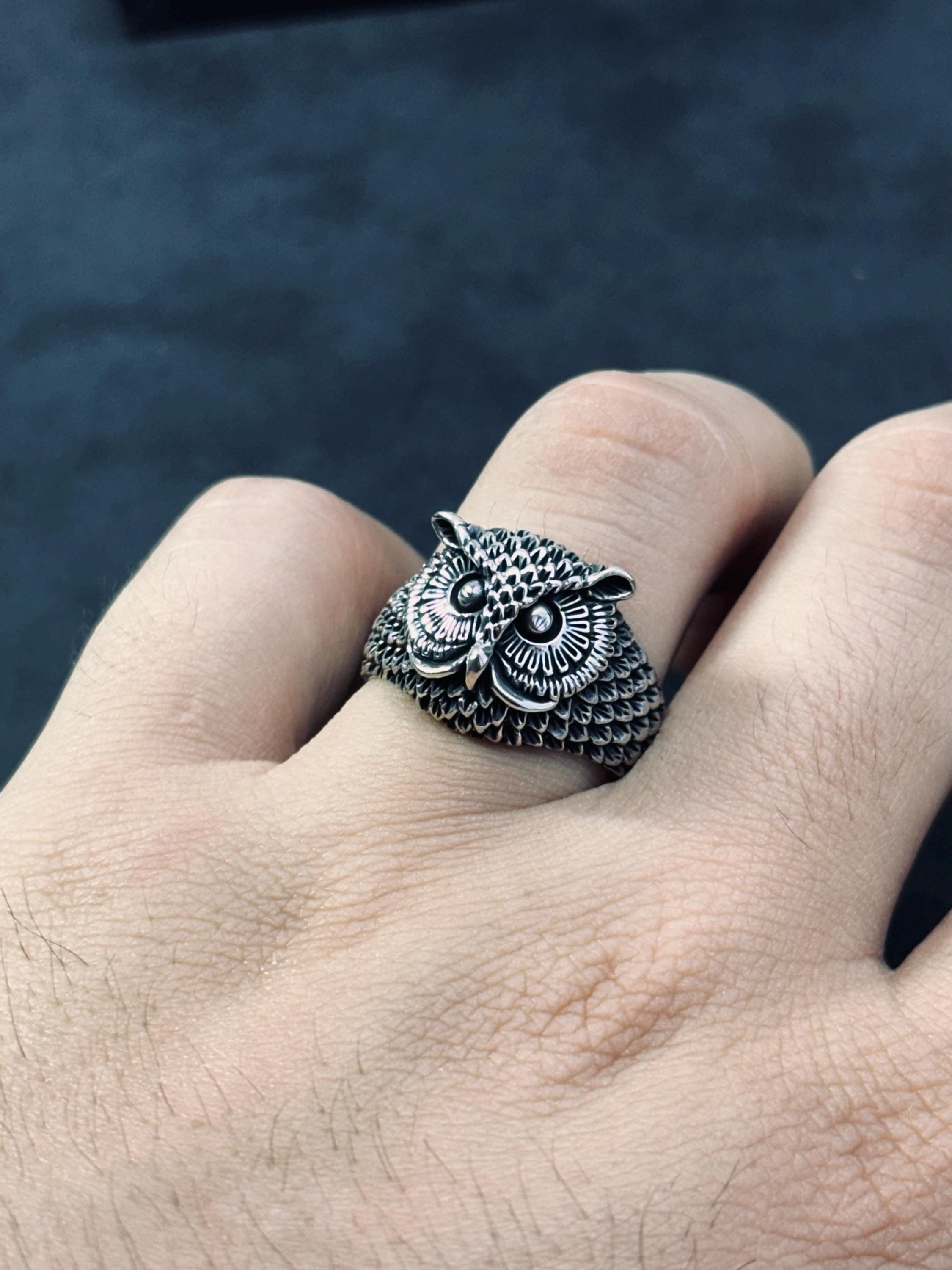 Sterling Silver Owl Ring, Oxidized Finish (Men's Handmade Size 8-12)