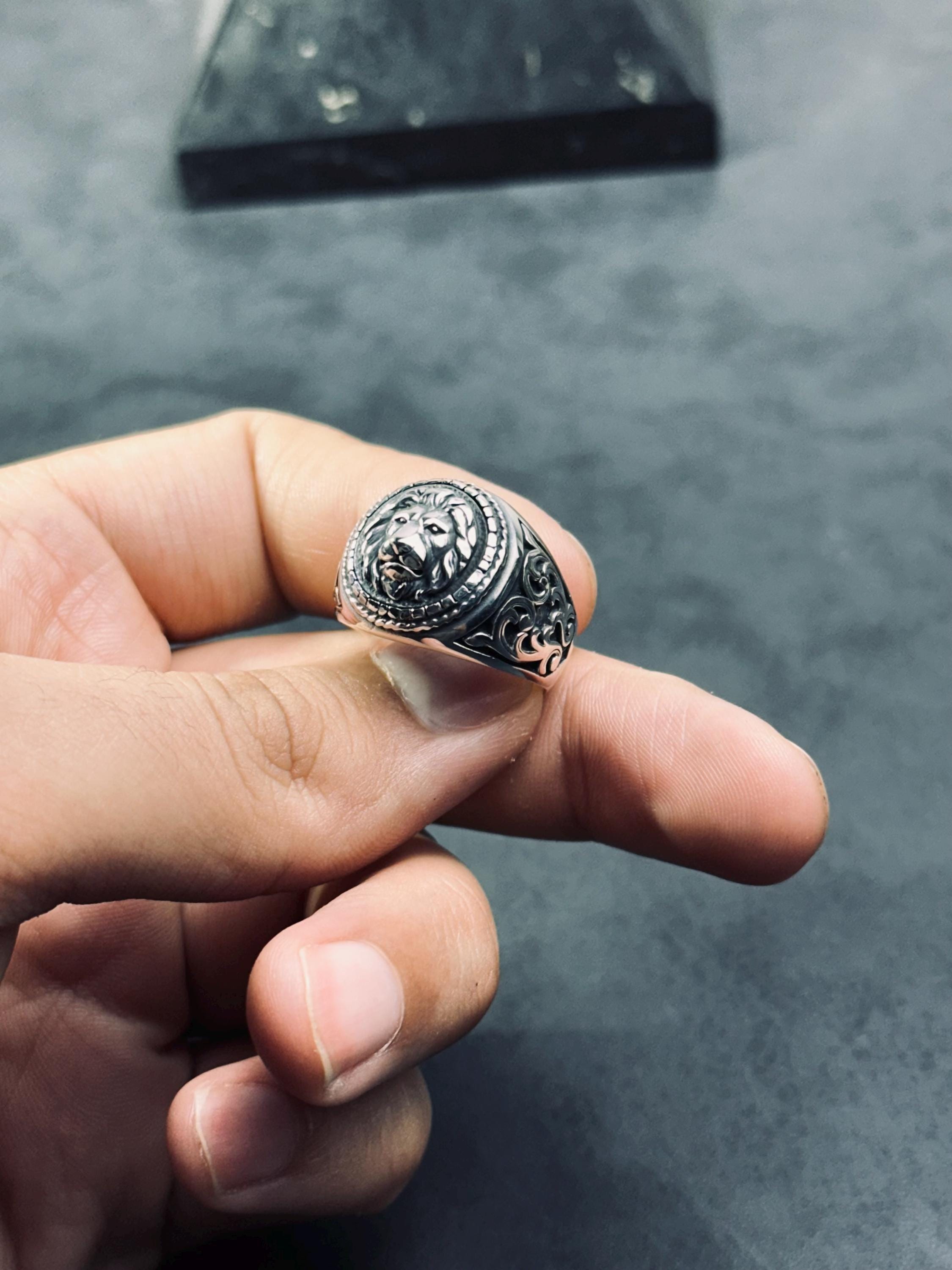 Engraved Lion Ring: Handmade Sterling Silver, Zodiac Leo Design
