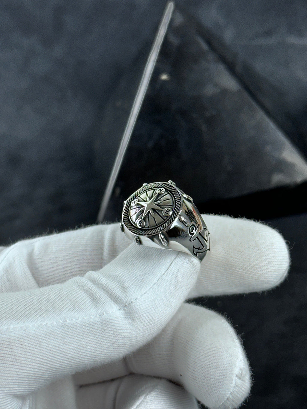 Sterling Silver Compass Ring: Sailor Design - Engraved Anchor Detail
