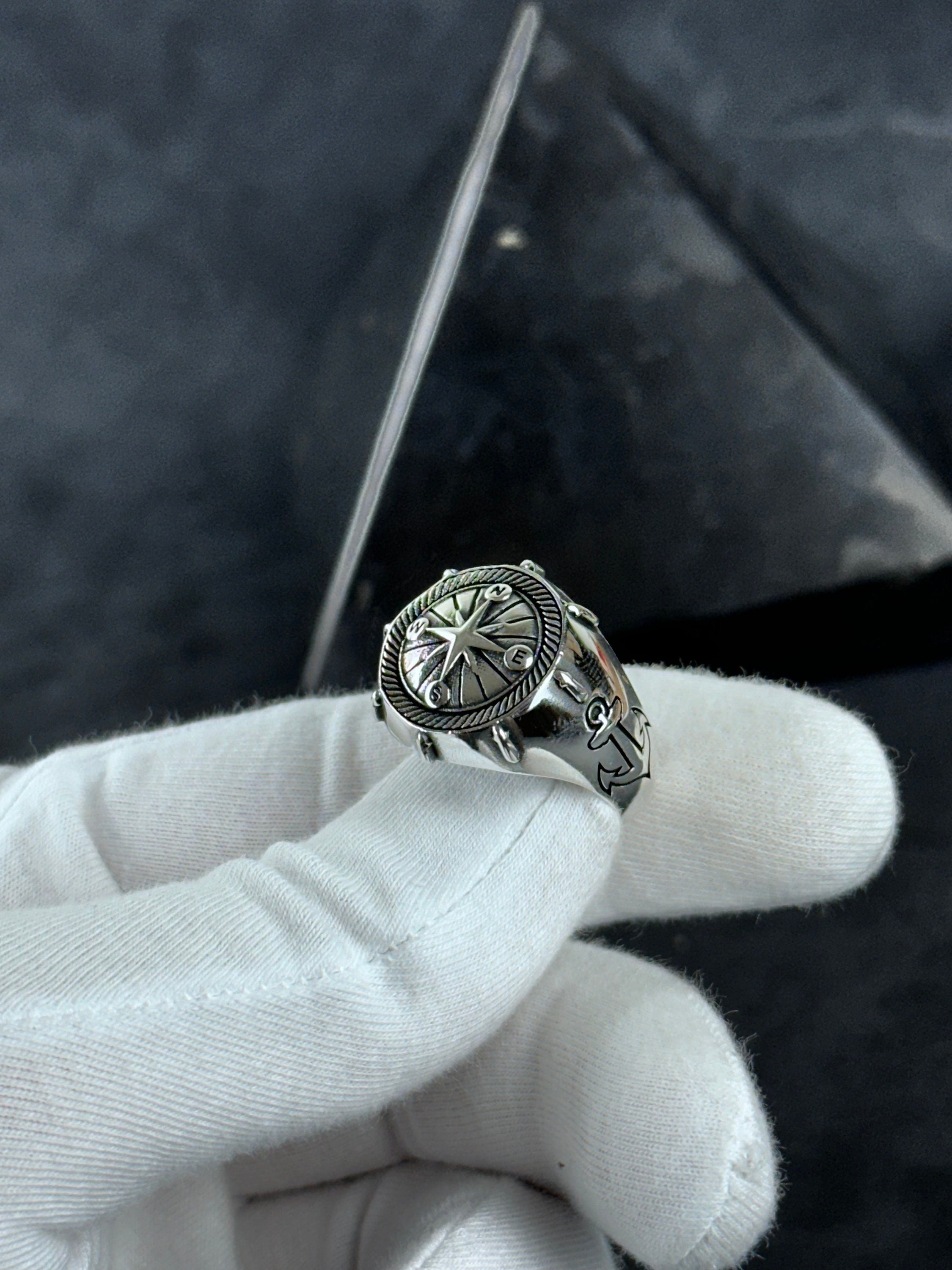 Sterling Silver Compass Ring: Sailor Design - Engraved Anchor Detail