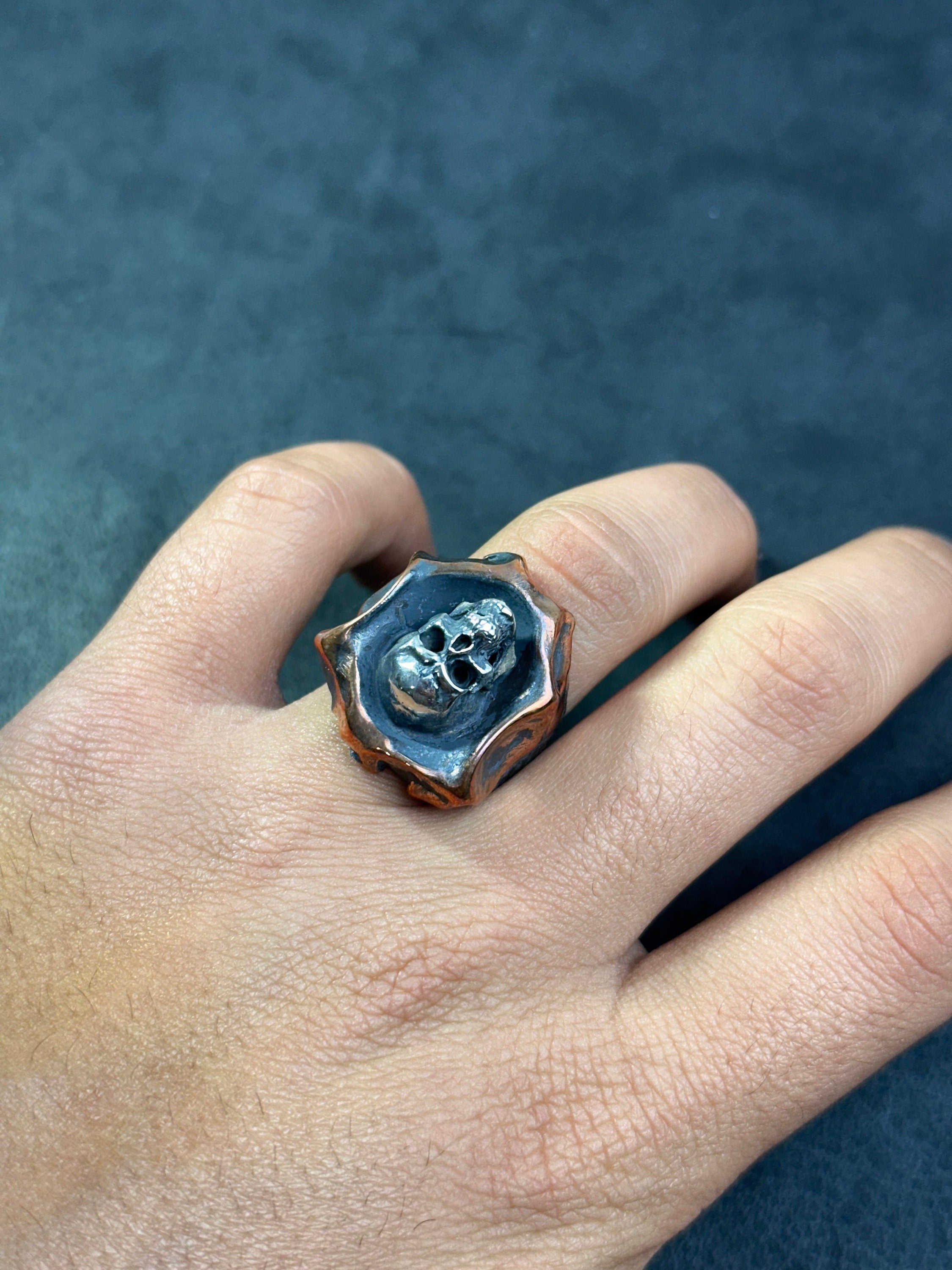 Oxidized Sterling Silver Skull Ring: Handmade Gothic Biker Jewelry