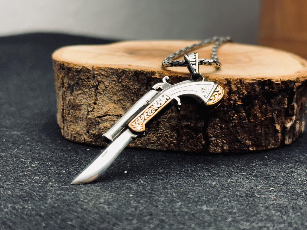 Sterling Silver Revolver Necklace - Cowboy Pistol with Folding Knife Charm