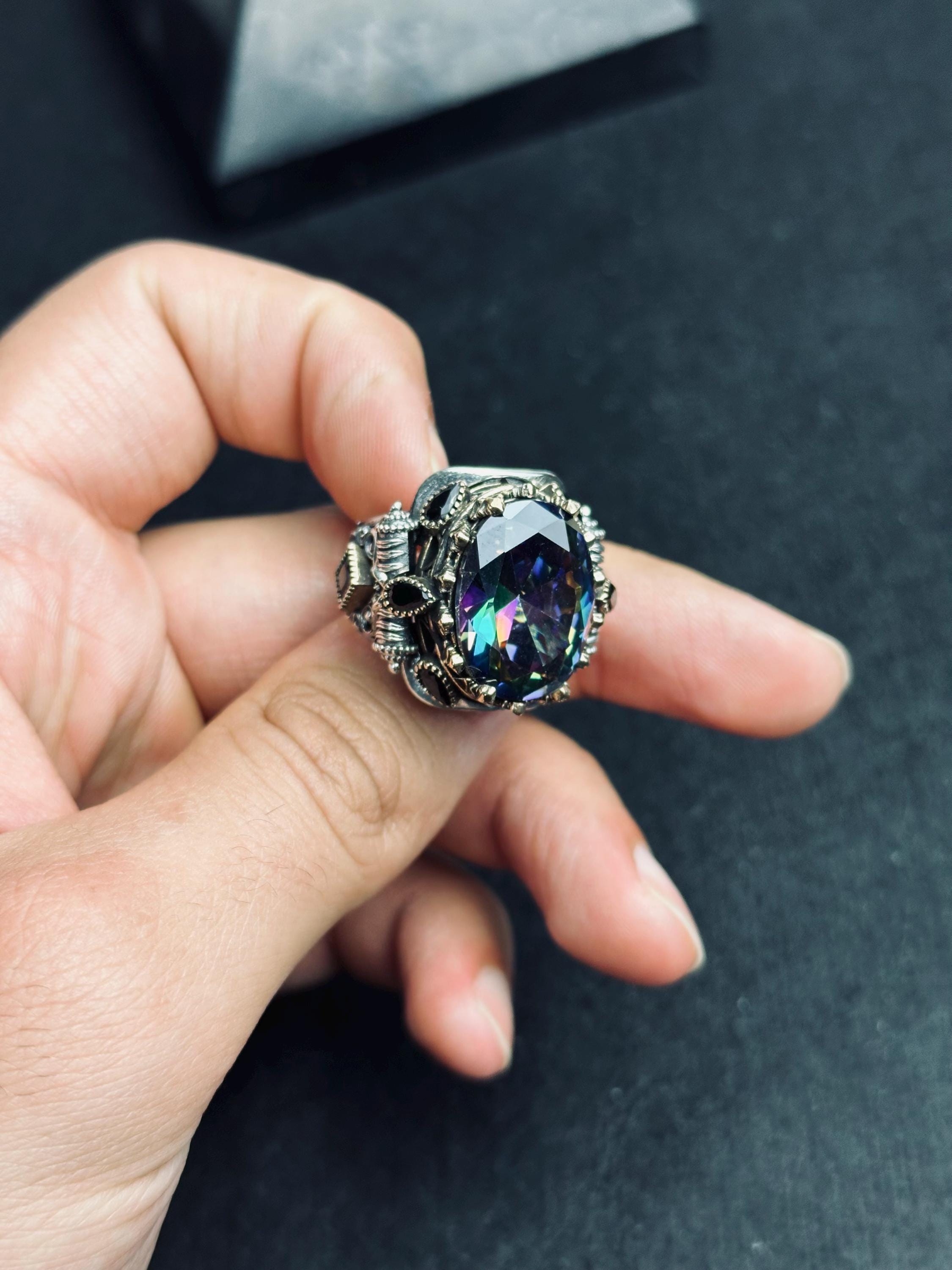 Men's Sterling Silver Ring: Mystic Topaz & Zircon Accents (Handmade)