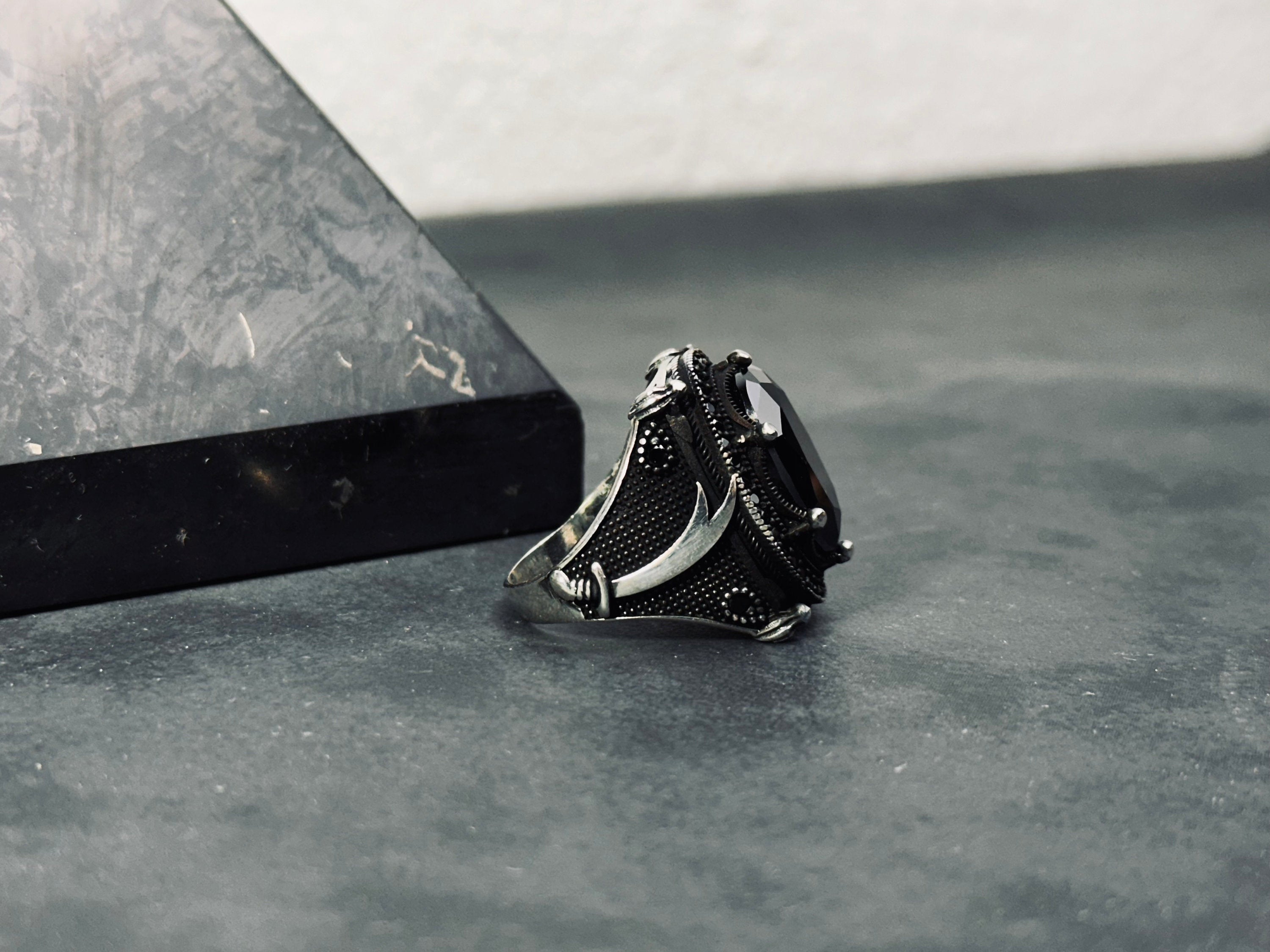 Hazrat Ali Sword Ring, Black Zircon, Sterling Silver (Men's Size)