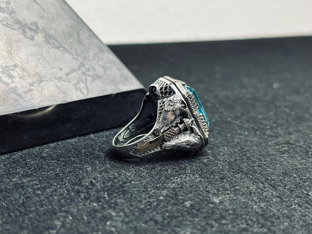 Aquamarine Men's Ring: Twin Eagle Heads, Sterling Silver