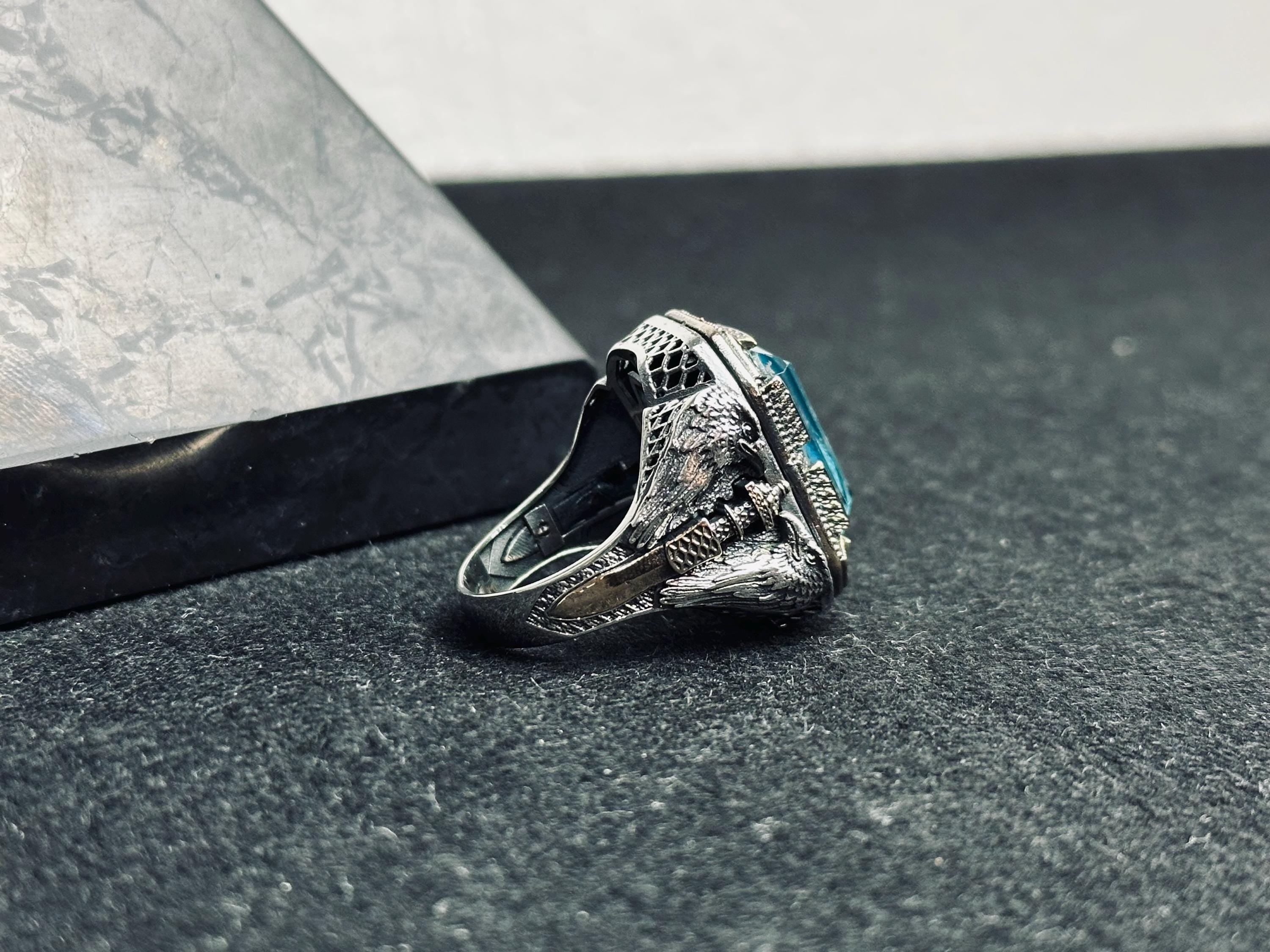 Aquamarine Men's Ring: Twin Eagle Heads, Sterling Silver