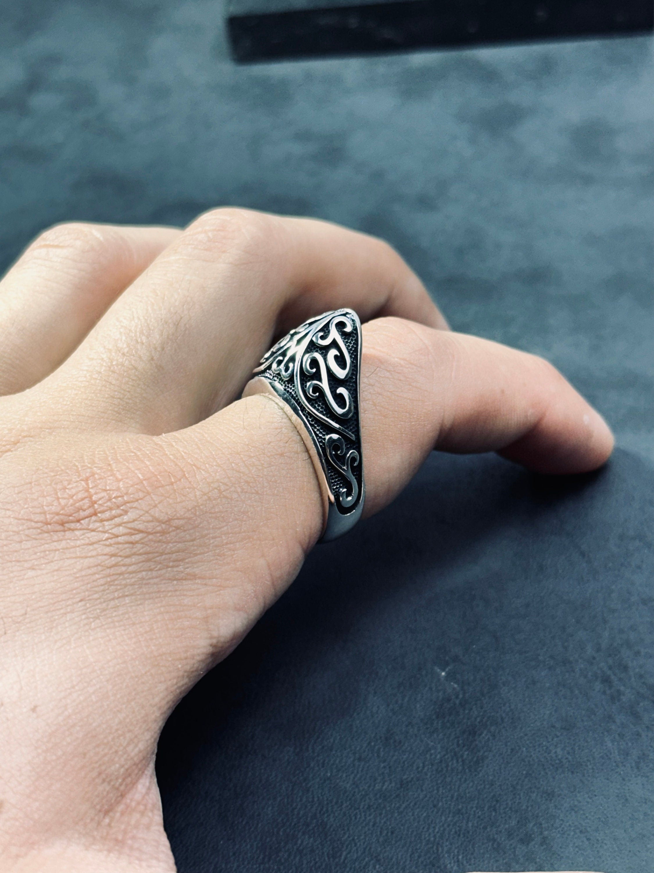 Engraved Silver Thumb Ring - Handmade Compass Design
