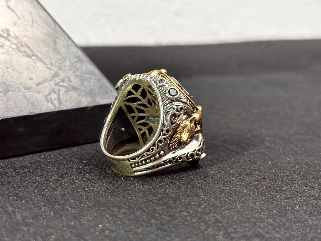 Large Sultanit Ring - Sterling Silver with Wolf Design