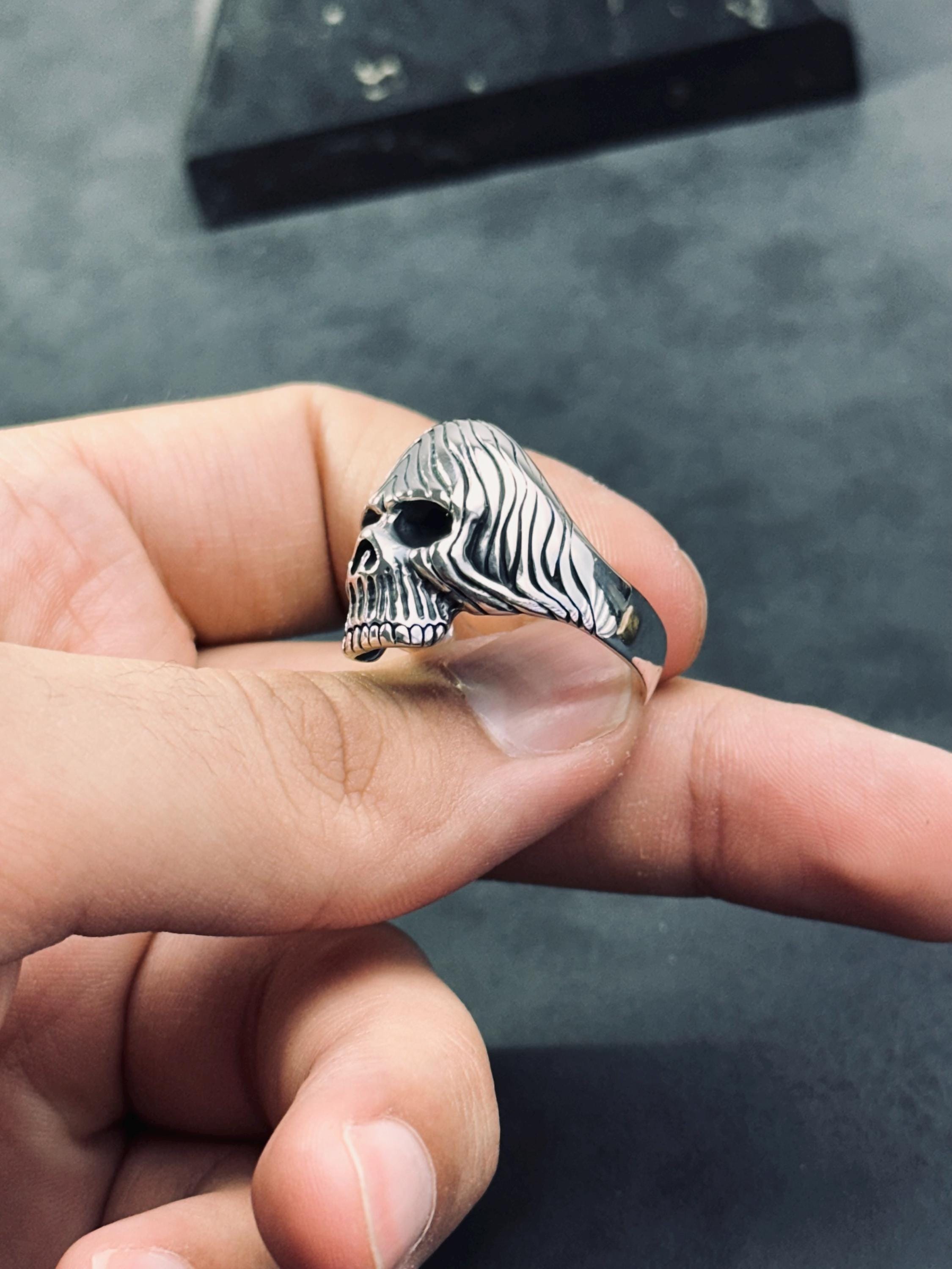 Sterling Silver Skull Ring: Handmade Gothic Biker Jewelry