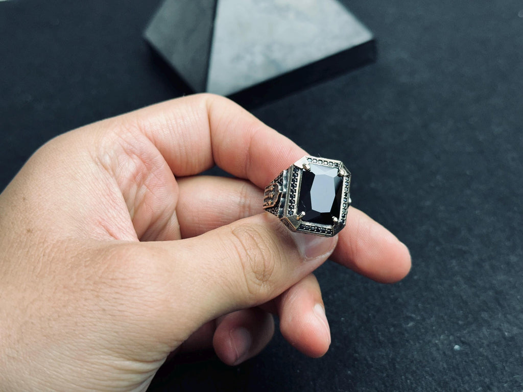 Men's Oxidized Silver Signet Ring, Black Zircon (Handmade 925 Sterling)