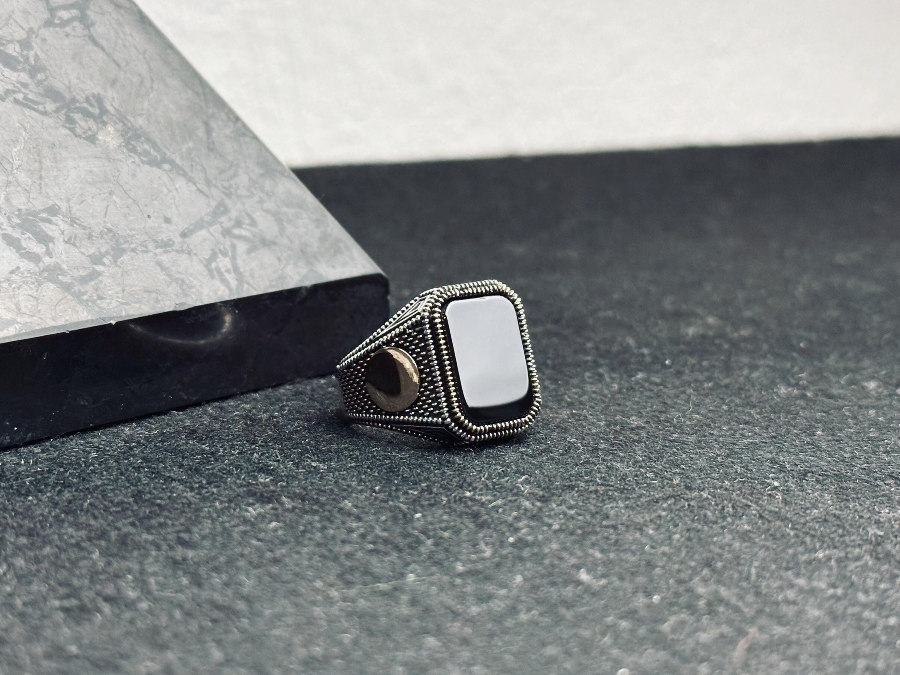 Black Onyx Signet Ring - Oxidized Sterling Silver Men's Pinky