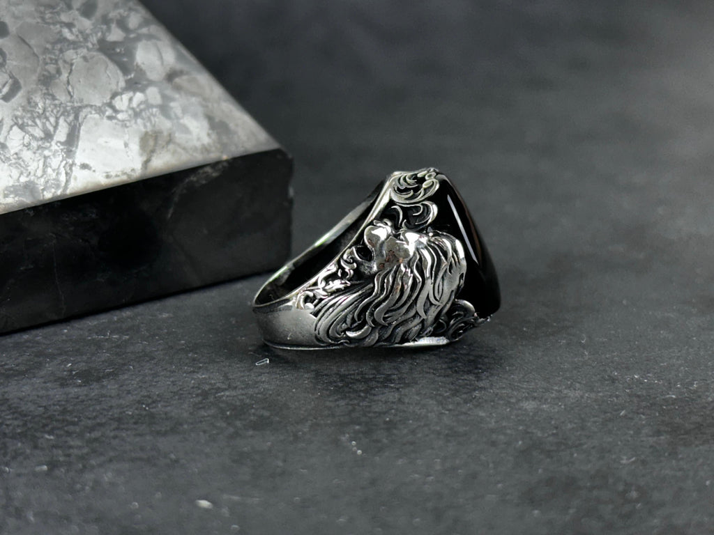 Silver Onyx Lion Ring - Handmade Sterling Statement Jewelry