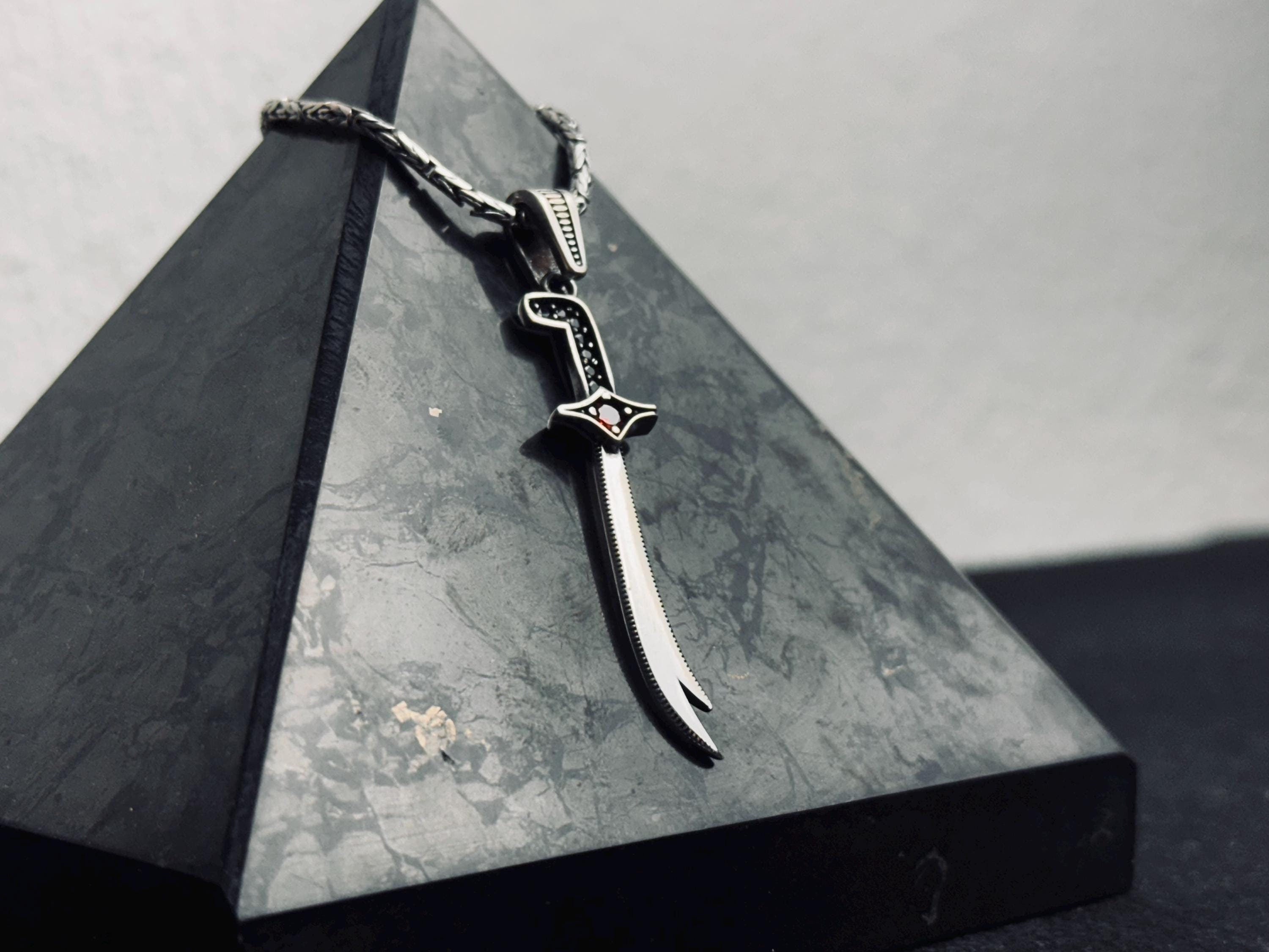 Silver Zulfiqar Sword Necklace: Islamic Design (Handmade, Zircon Accent)